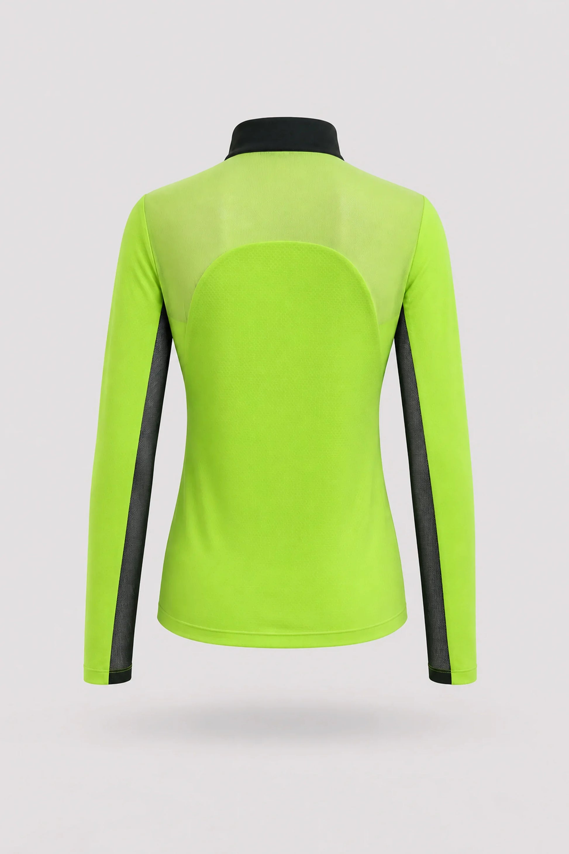 Back view of women's Volt Green long sleeve golf top with stretch performance fabric and athletic fit