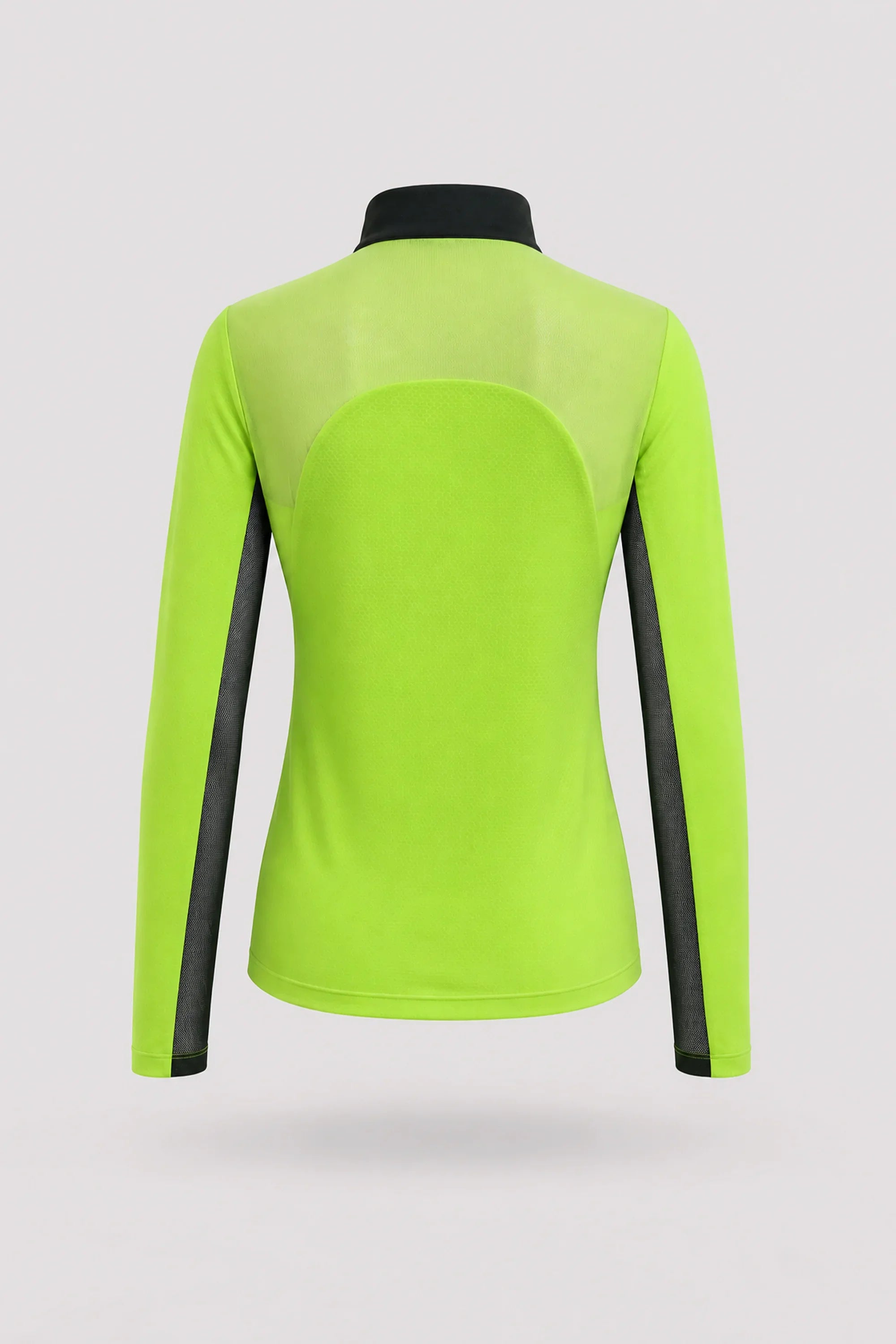Back view of women's Volt Green long sleeve golf top with stretch performance fabric and athletic fit