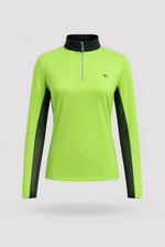 Women's Volt Green long sleeve golf top with quarter-zip collar and breathable mesh sleeve panels