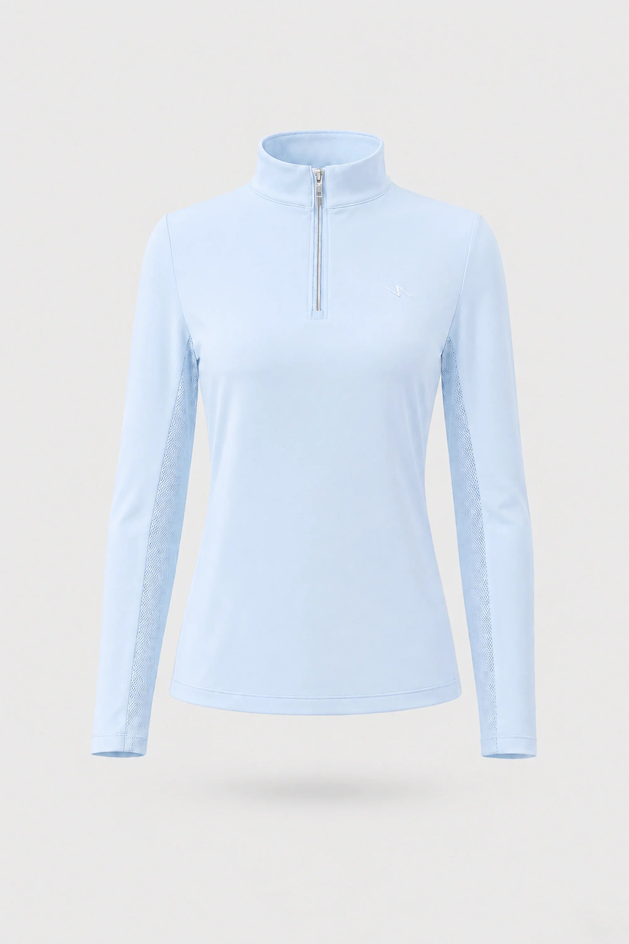 Women’s long sleeve zip neck golf top in Sky Mist light blue with a sleek performance design