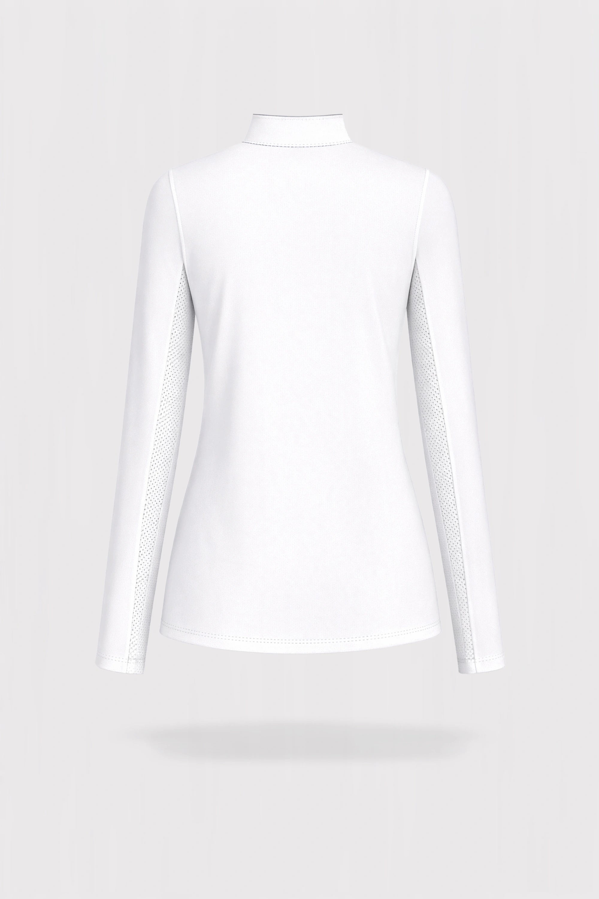 Back view of a white long sleeve zip neck golf top with breathable mesh sleeves and a sleek fitted silhouette