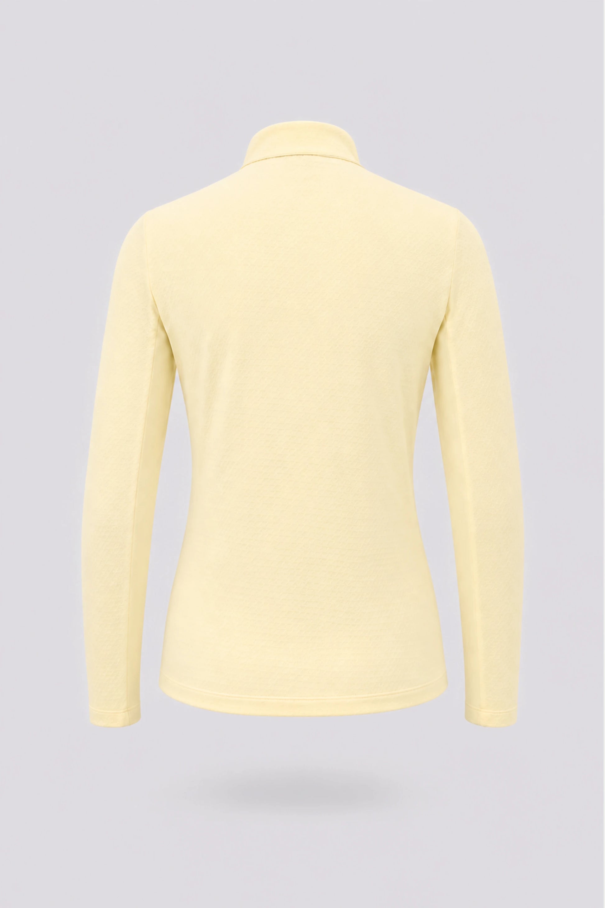 Back view of women’s yellow long sleeve zip-neck golf top with lightweight stretch performance fabric