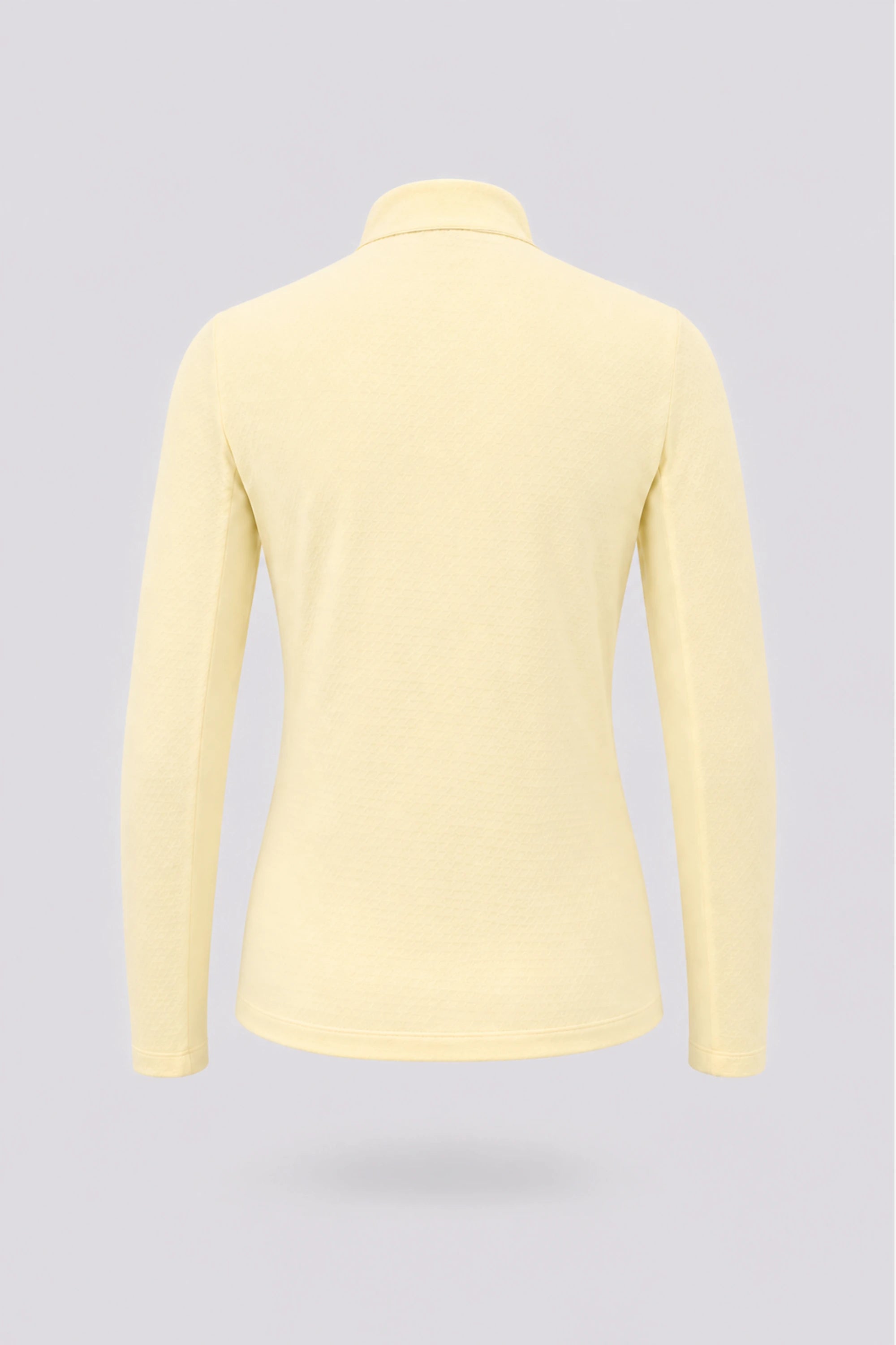 Back view of women’s yellow long sleeve zip-neck golf top with lightweight stretch performance fabric