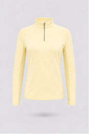 Women’s yellow long sleeve zip-neck golf top with breathable stretch fabric and UV protection front view