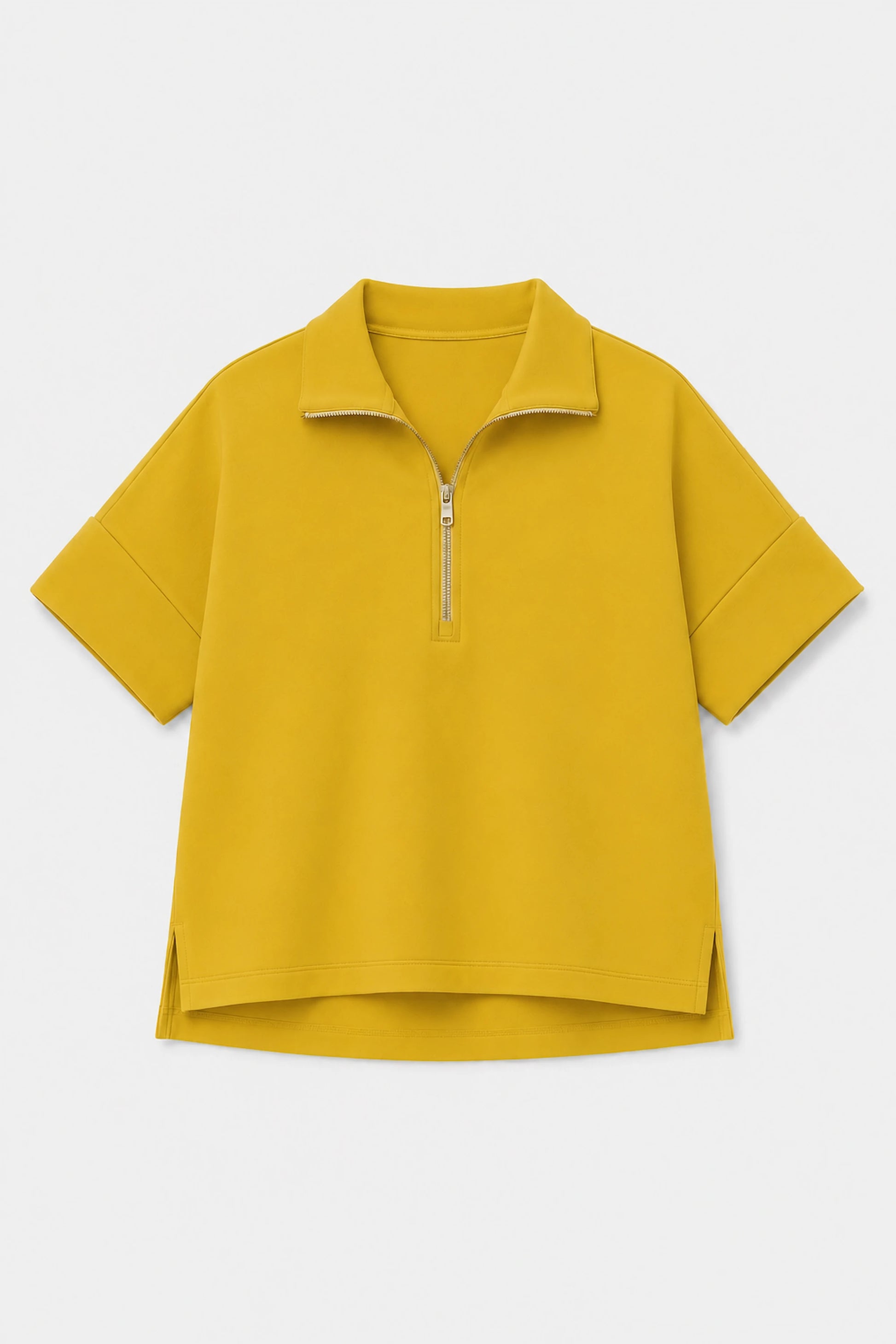 Front flat lay of women’s marigold performance quarter-zip top with relaxed silhouette