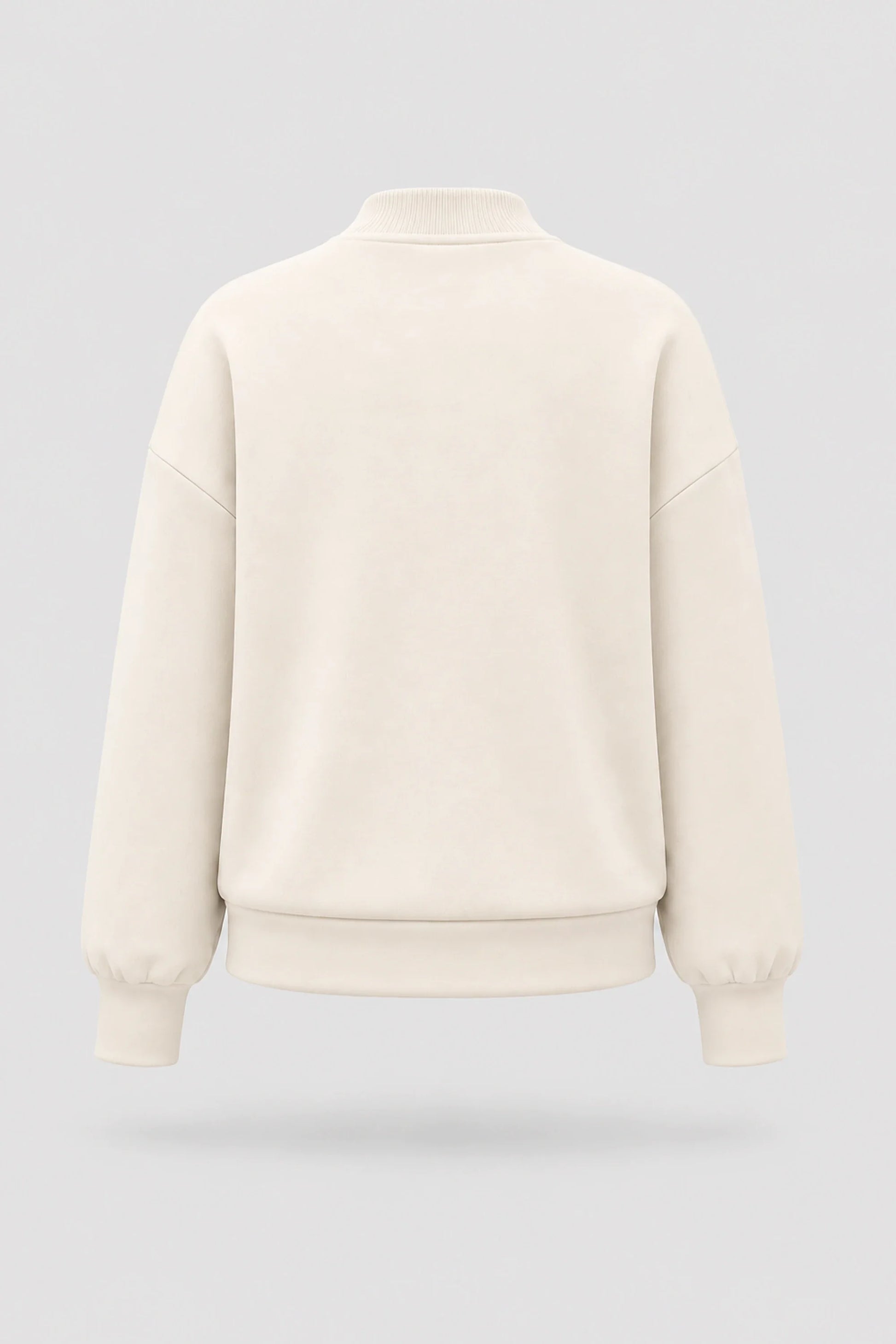 Back view of women's Ivory mock neck henley sweatshirt with relaxed fit and soft stretch fabric