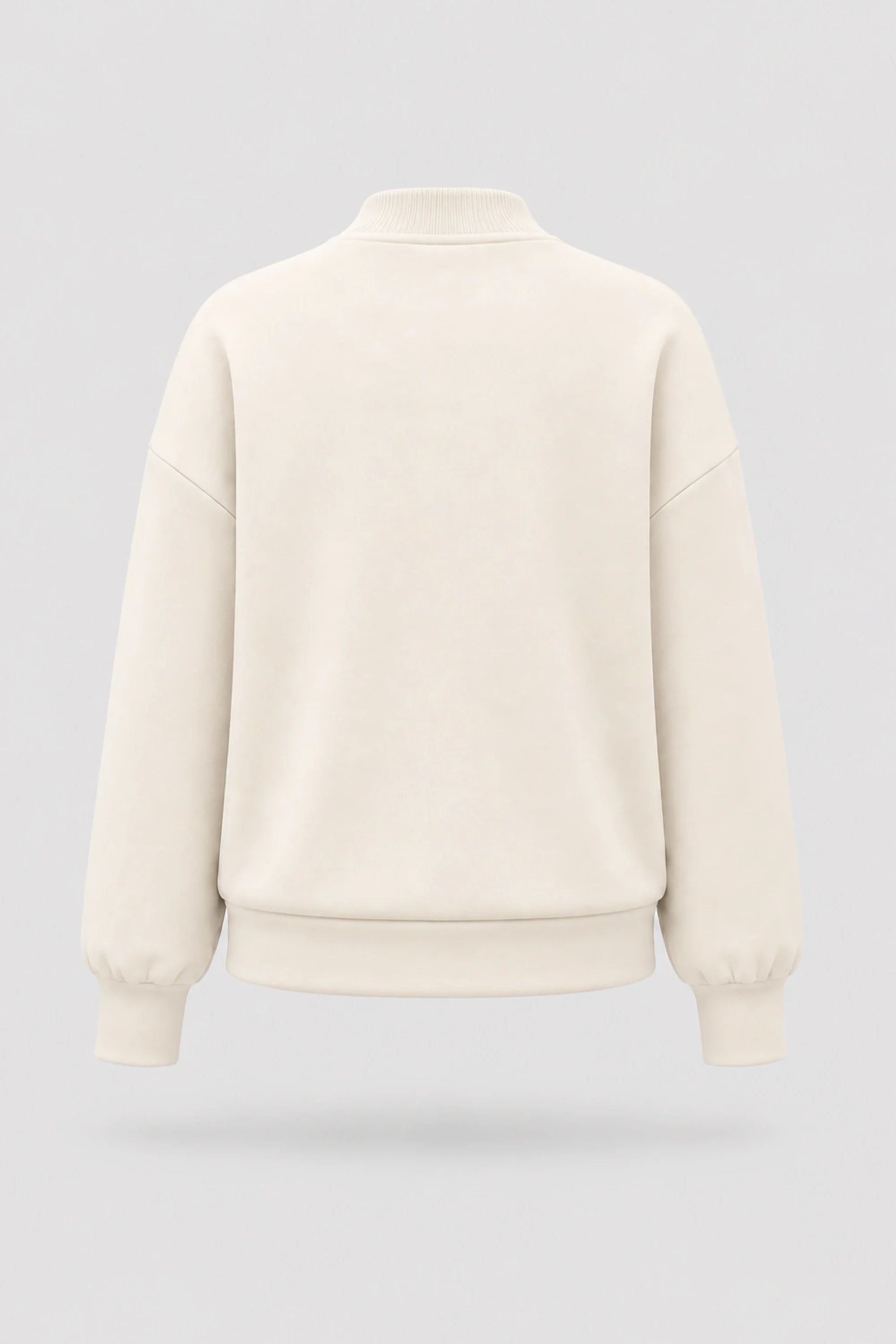 Back view of women's Ivory mock neck henley sweatshirt with relaxed fit and soft stretch fabric