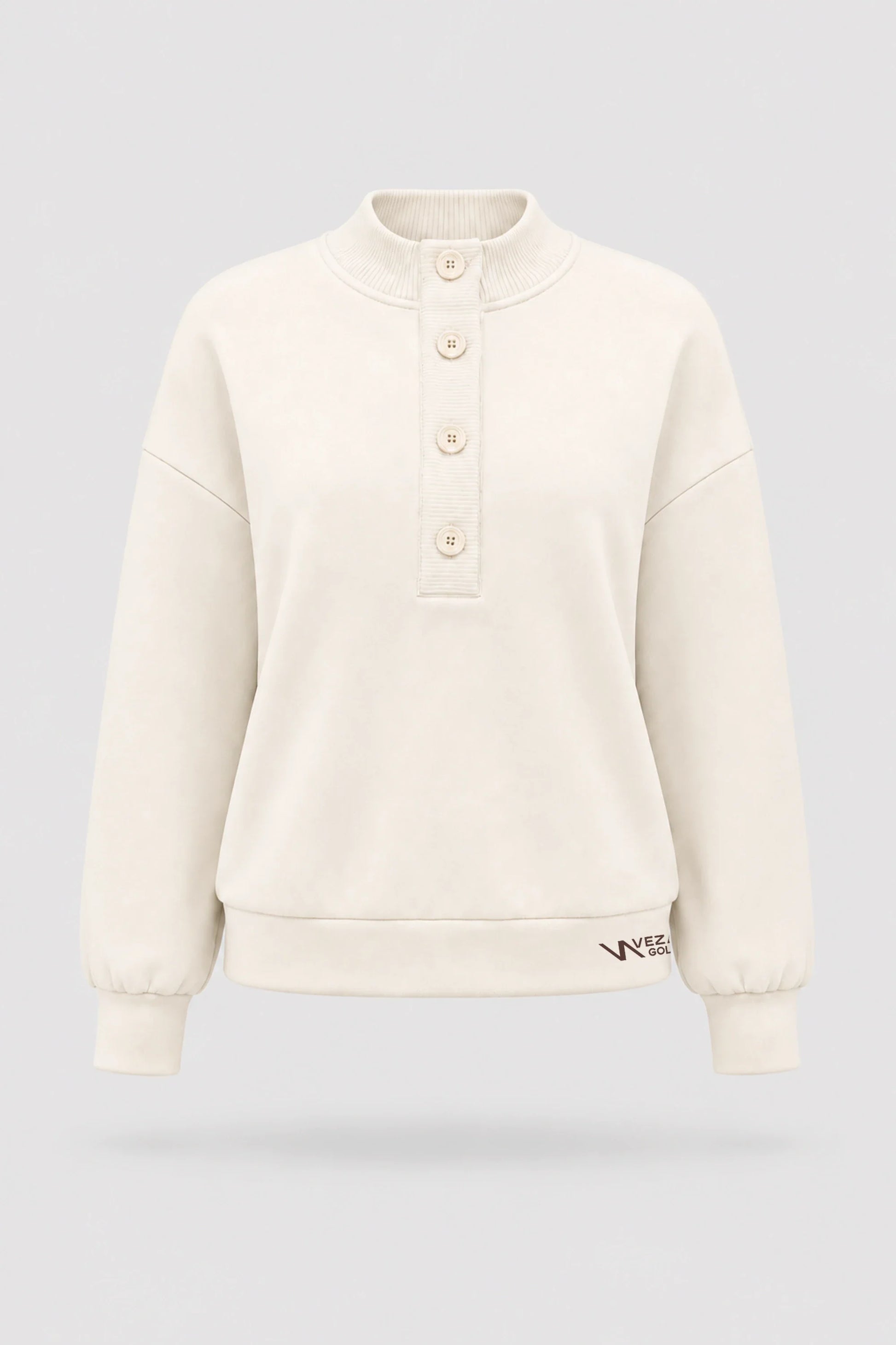 Women's Ivory mock neck henley sweatshirt with rib-knit collar and relaxed layering silhouette