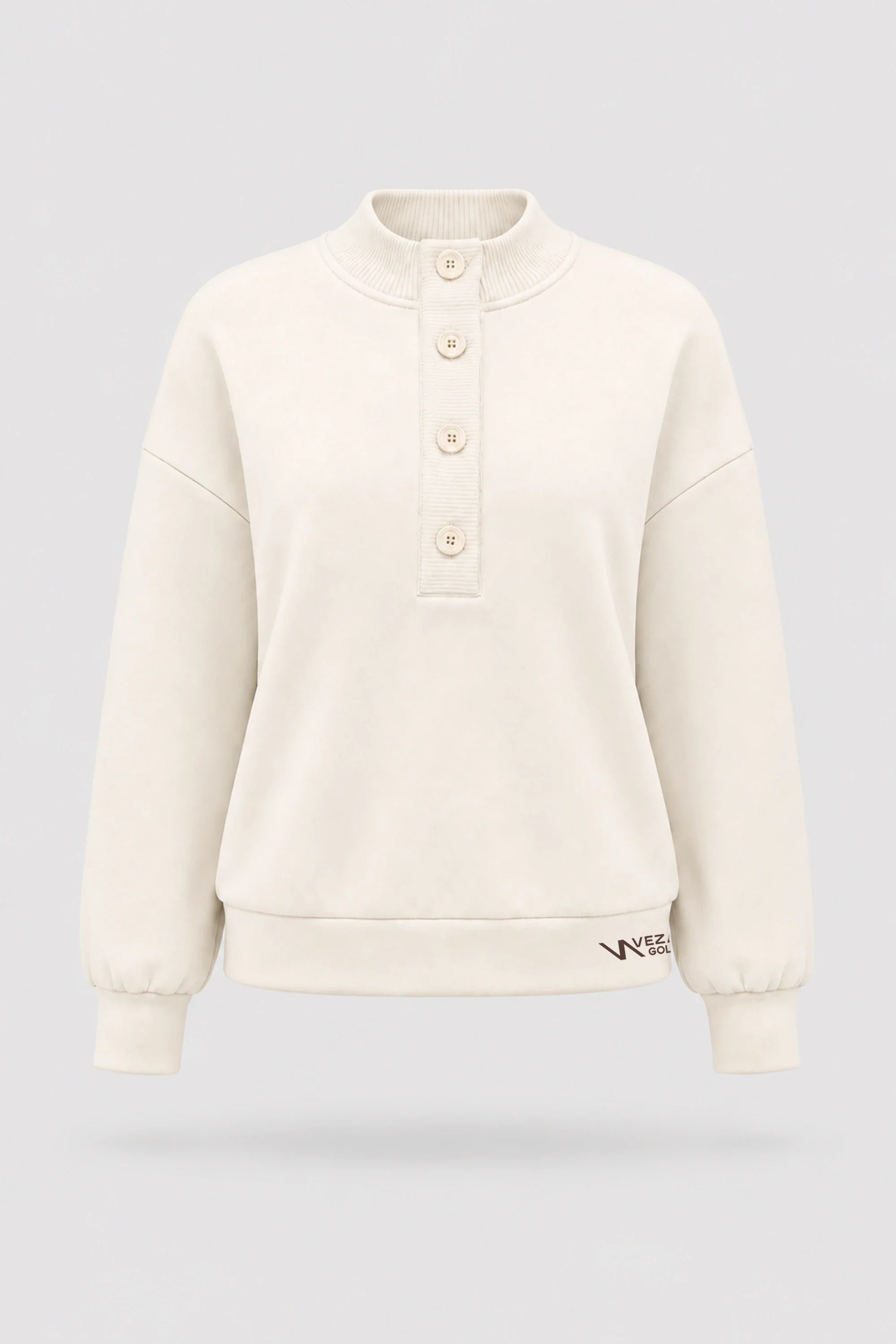Women's Ivory mock neck henley sweatshirt with rib-knit collar and relaxed layering silhouette