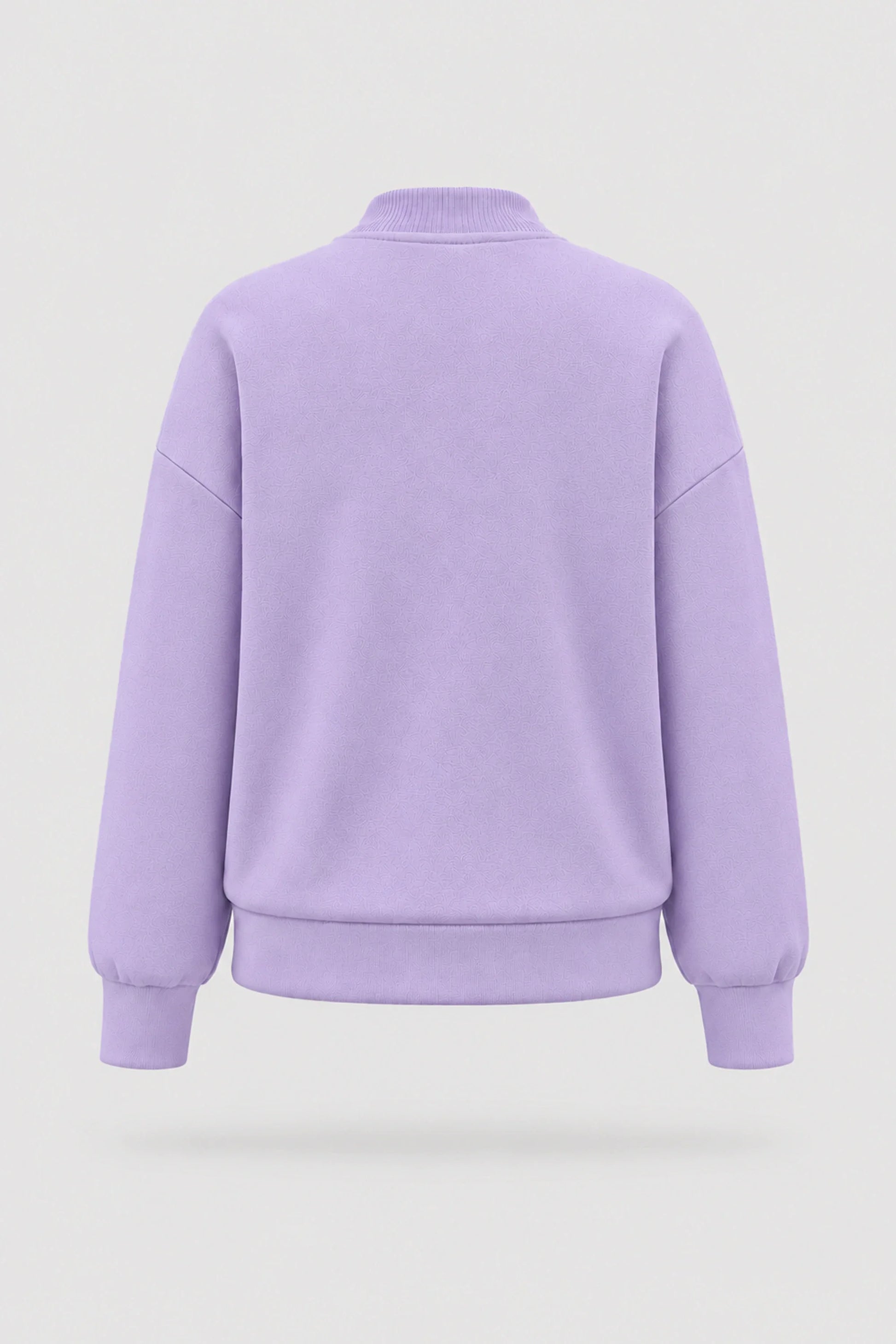 Back view of women's Lavender mock neck henley sweatshirt with relaxed fit and soft stretch fabric