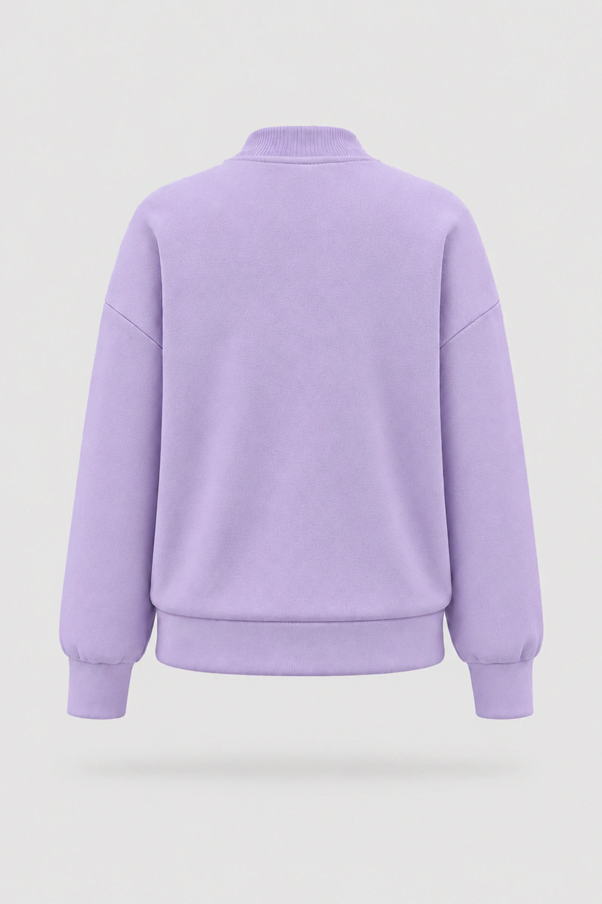Back view of women's Lavender mock neck henley sweatshirt with relaxed fit and soft stretch fabric