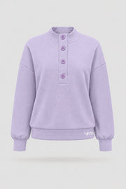 Women's Lavender mock neck henley sweatshirt with rib-knit collar and relaxed layering silhouette