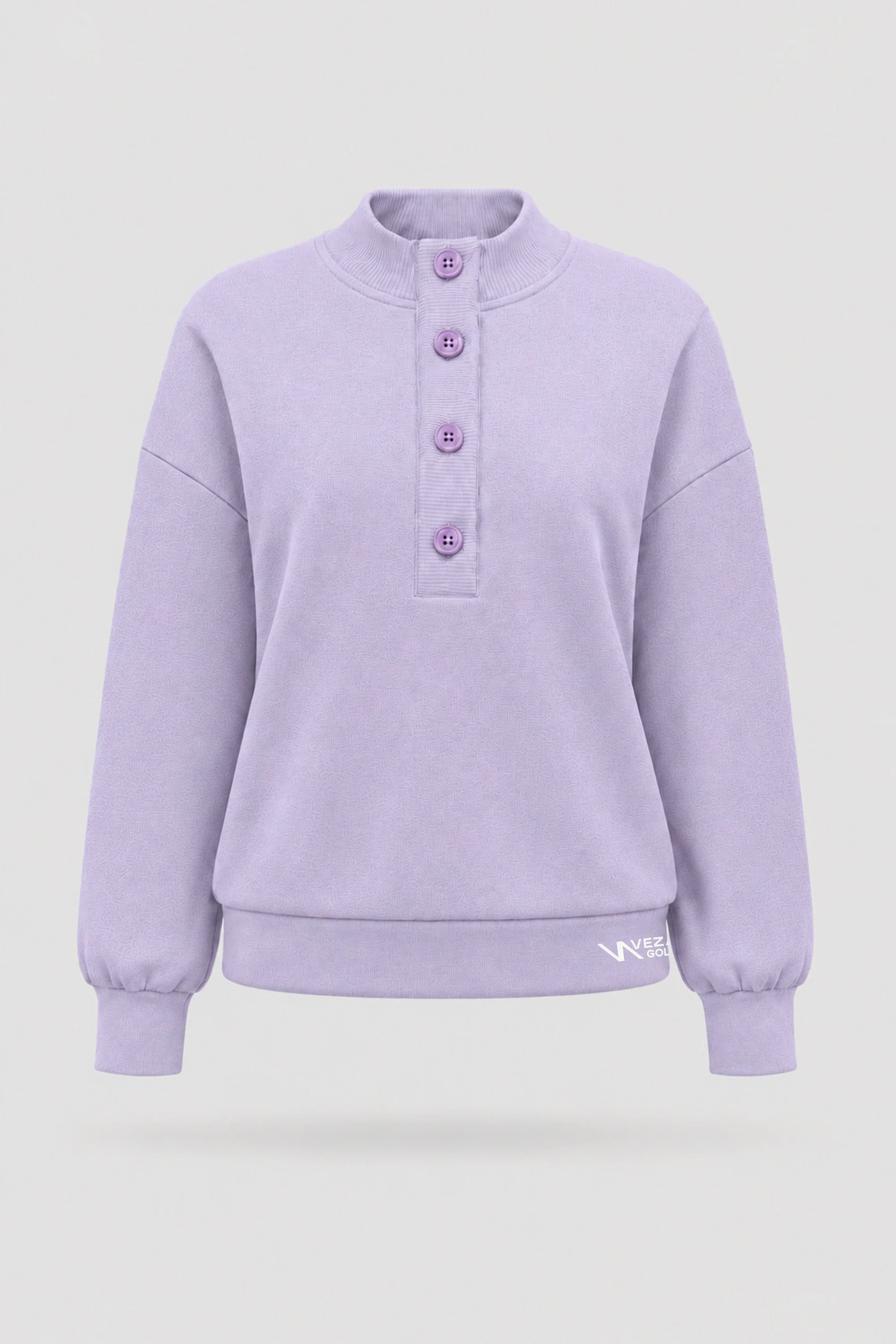 Women's Lavender mock neck henley sweatshirt with rib-knit collar and relaxed layering silhouette