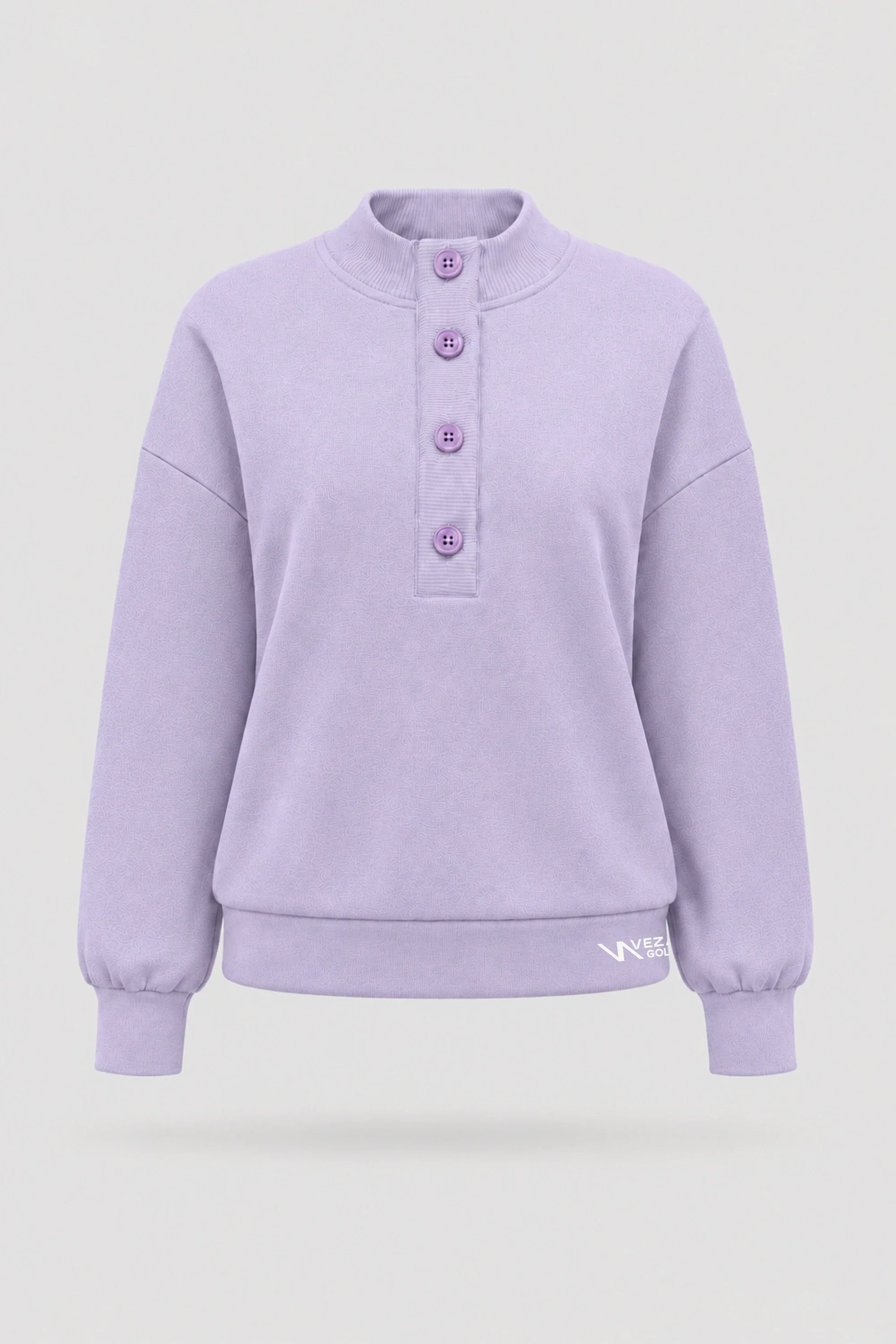 Women's Lavender mock neck henley sweatshirt with rib-knit collar and relaxed layering silhouette