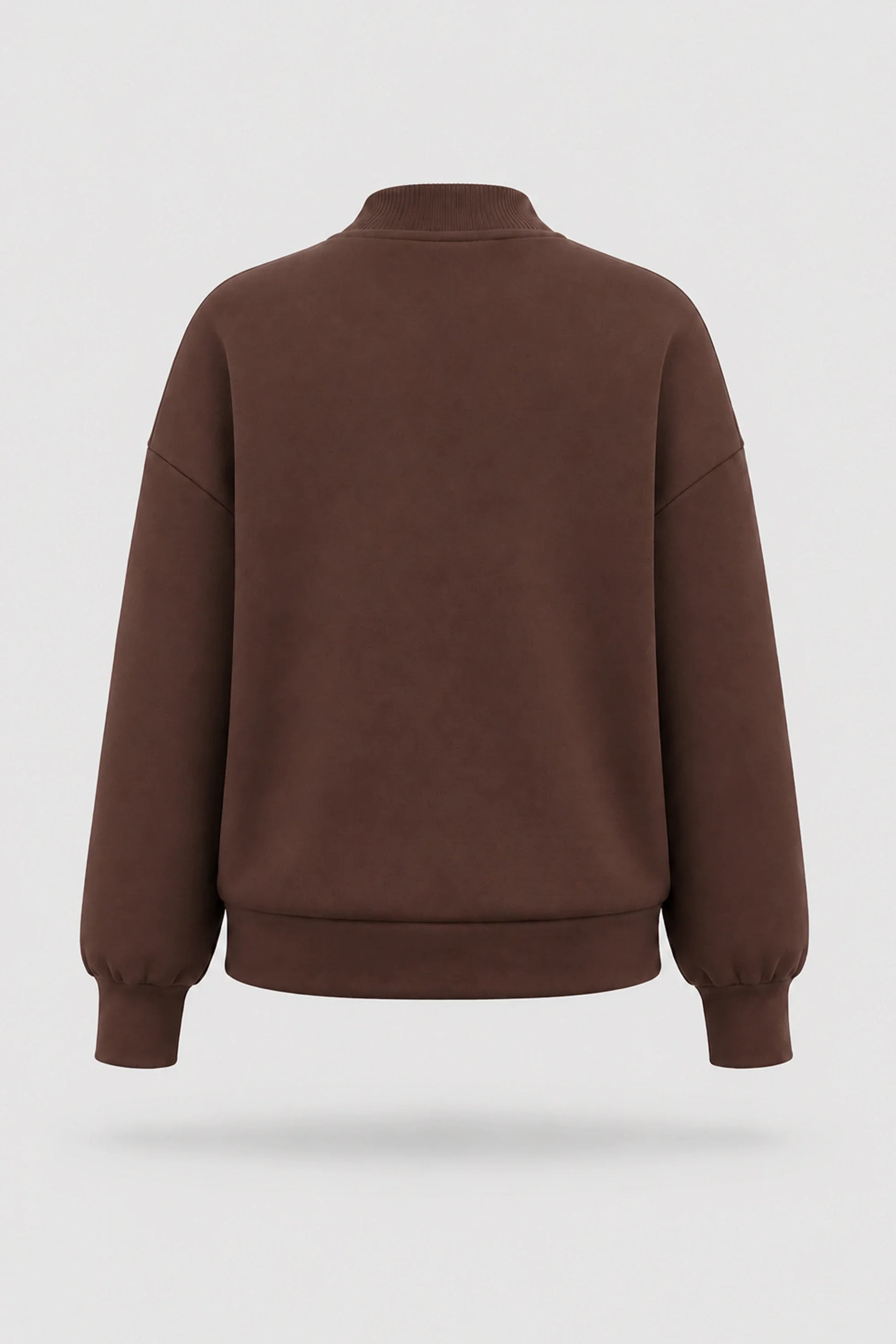 Back view of women's Rich Cocoa mock neck henley sweatshirt with relaxed fit and soft stretch fabric