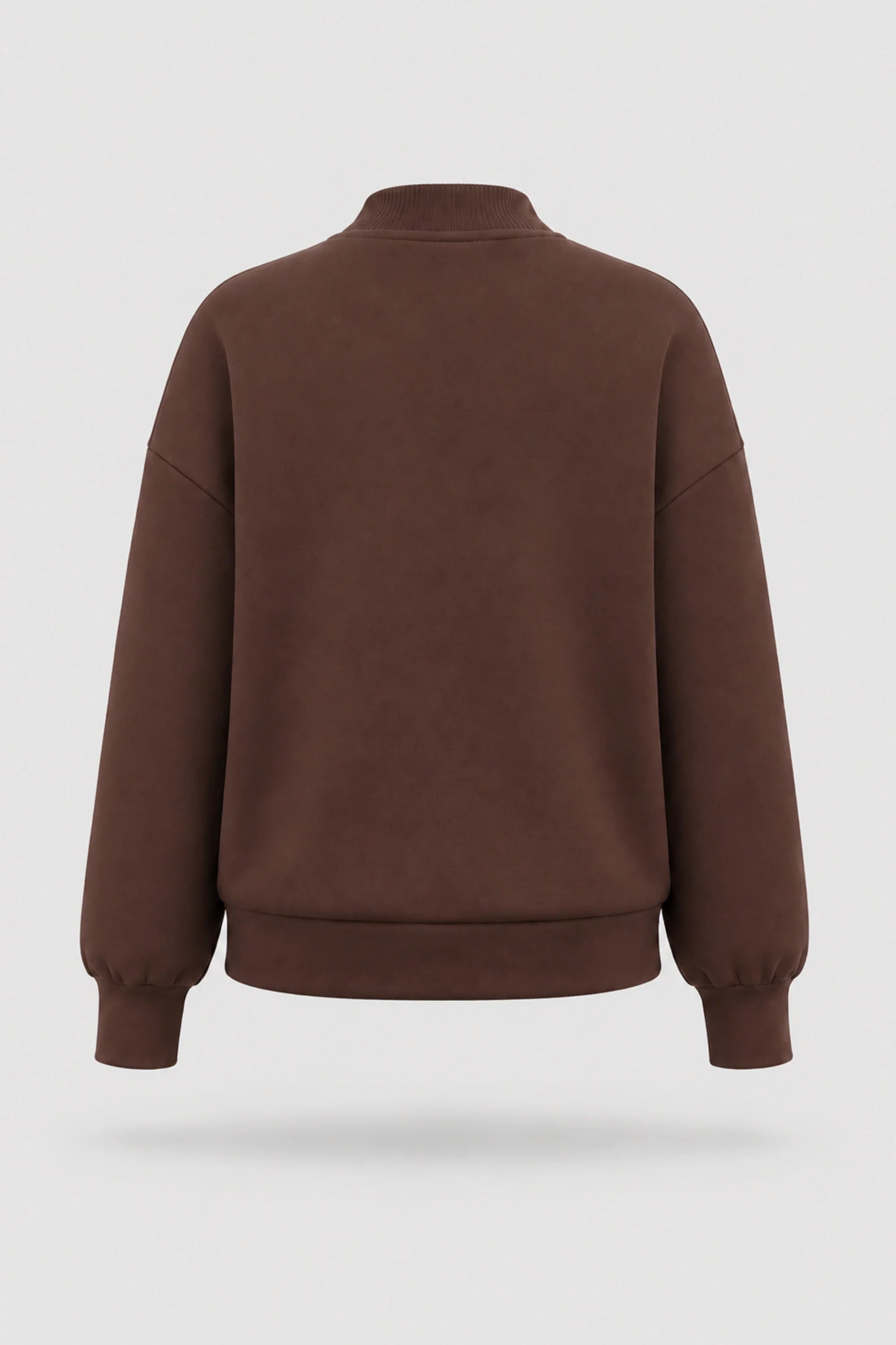 Back view of women's Rich Cocoa mock neck henley sweatshirt with relaxed fit and soft stretch fabric