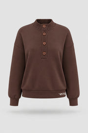 Women's Rich Cocoa mock neck henley sweatshirt with rib-knit collar and relaxed layering silhouette