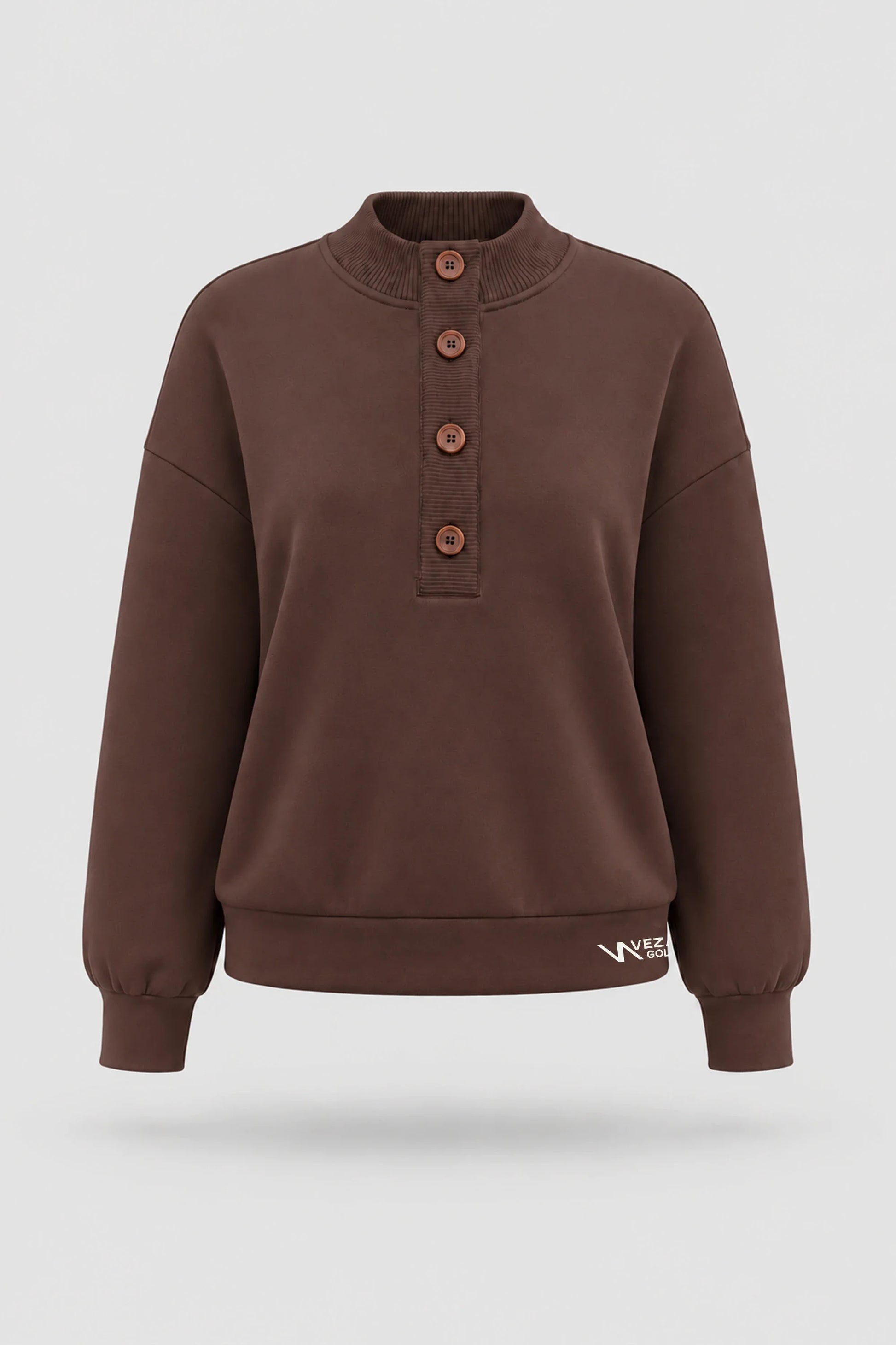 Women's Rich Cocoa mock neck henley sweatshirt with rib-knit collar and relaxed layering silhouette
