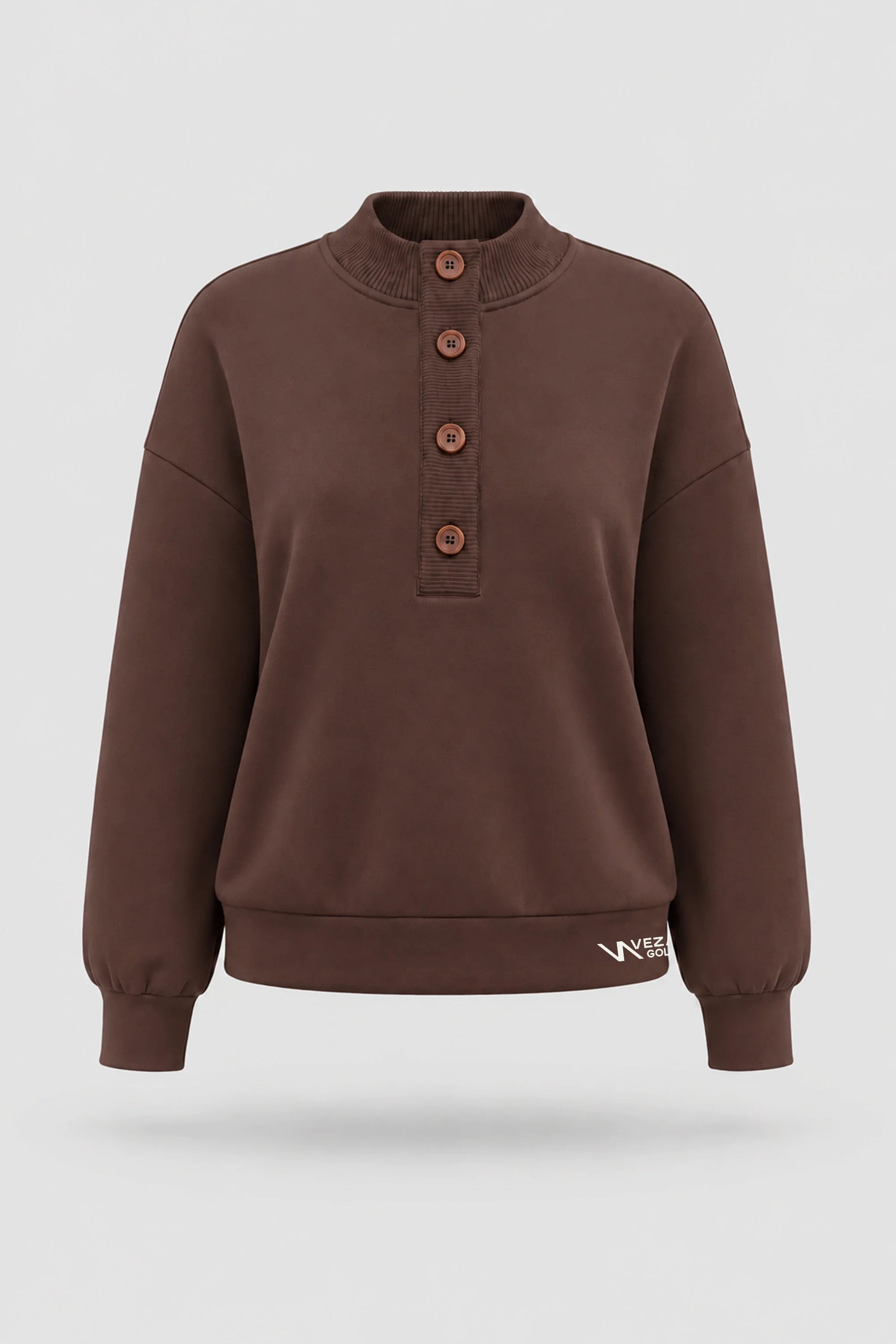 Women's Rich Cocoa mock neck henley sweatshirt with rib-knit collar and relaxed layering silhouette