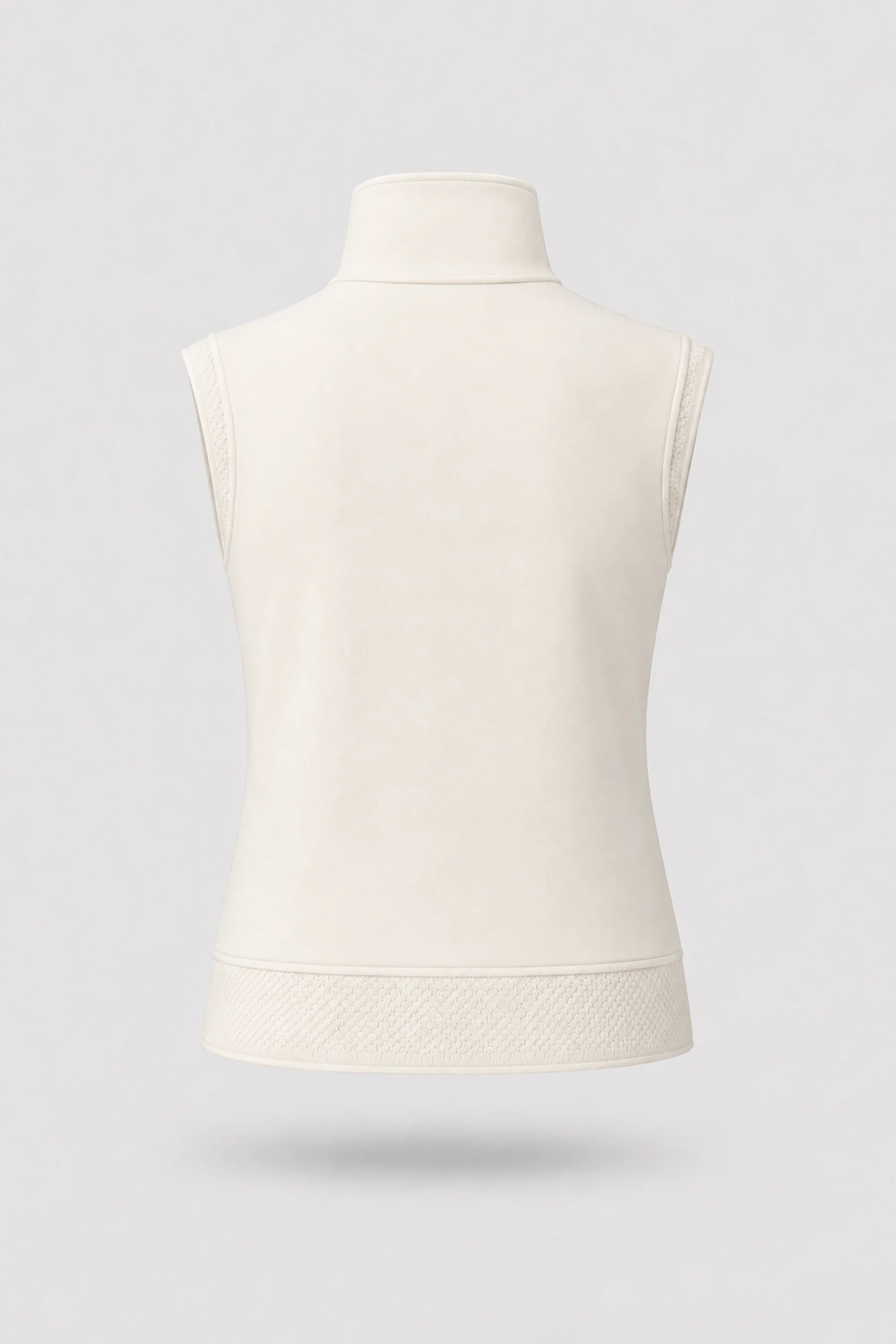 Back view of women's Ivory mock neck polo top with soft knit fabric and relaxed layering silhouette