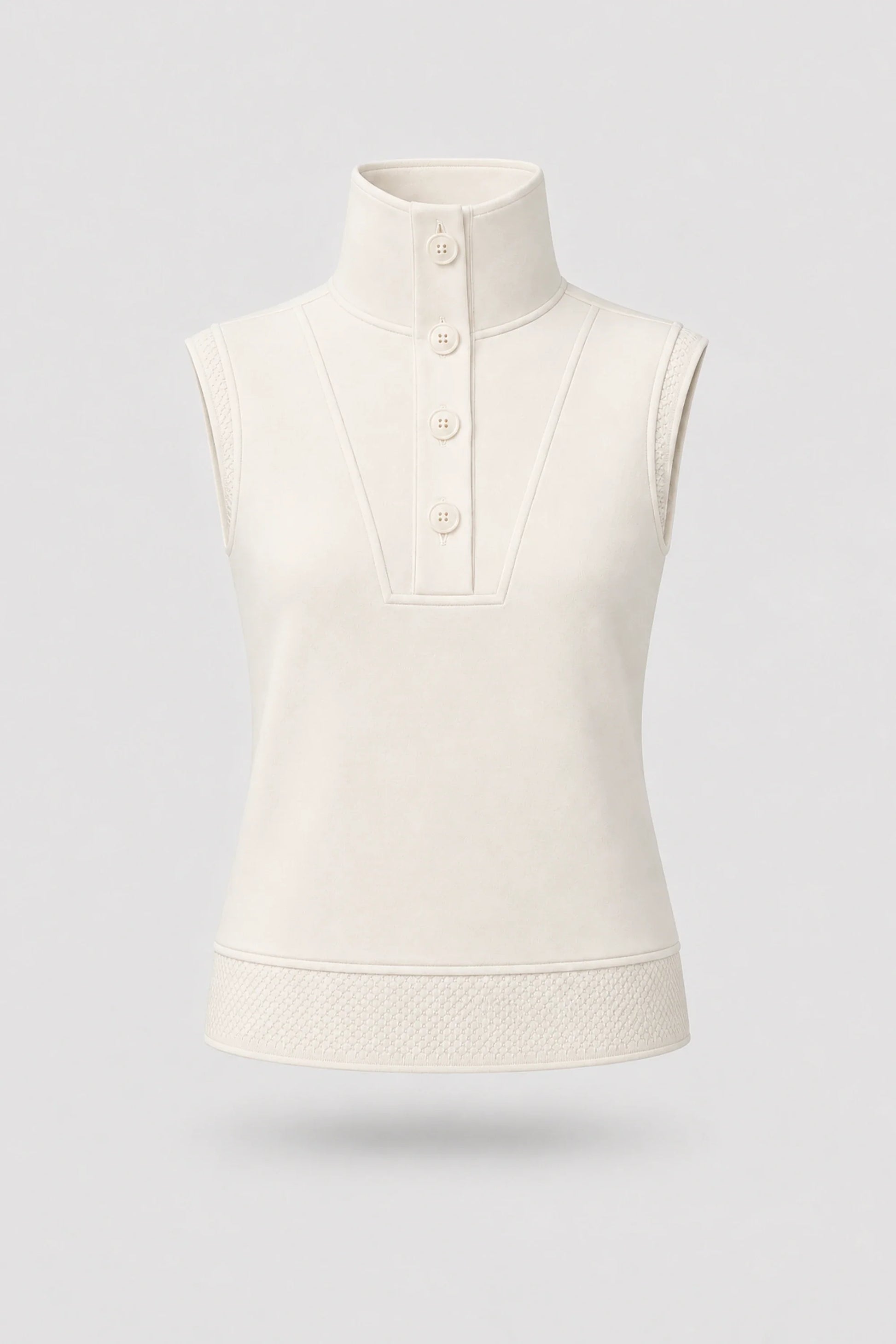Women's Ivory mock neck polo top with button-front detail and textured knit hem