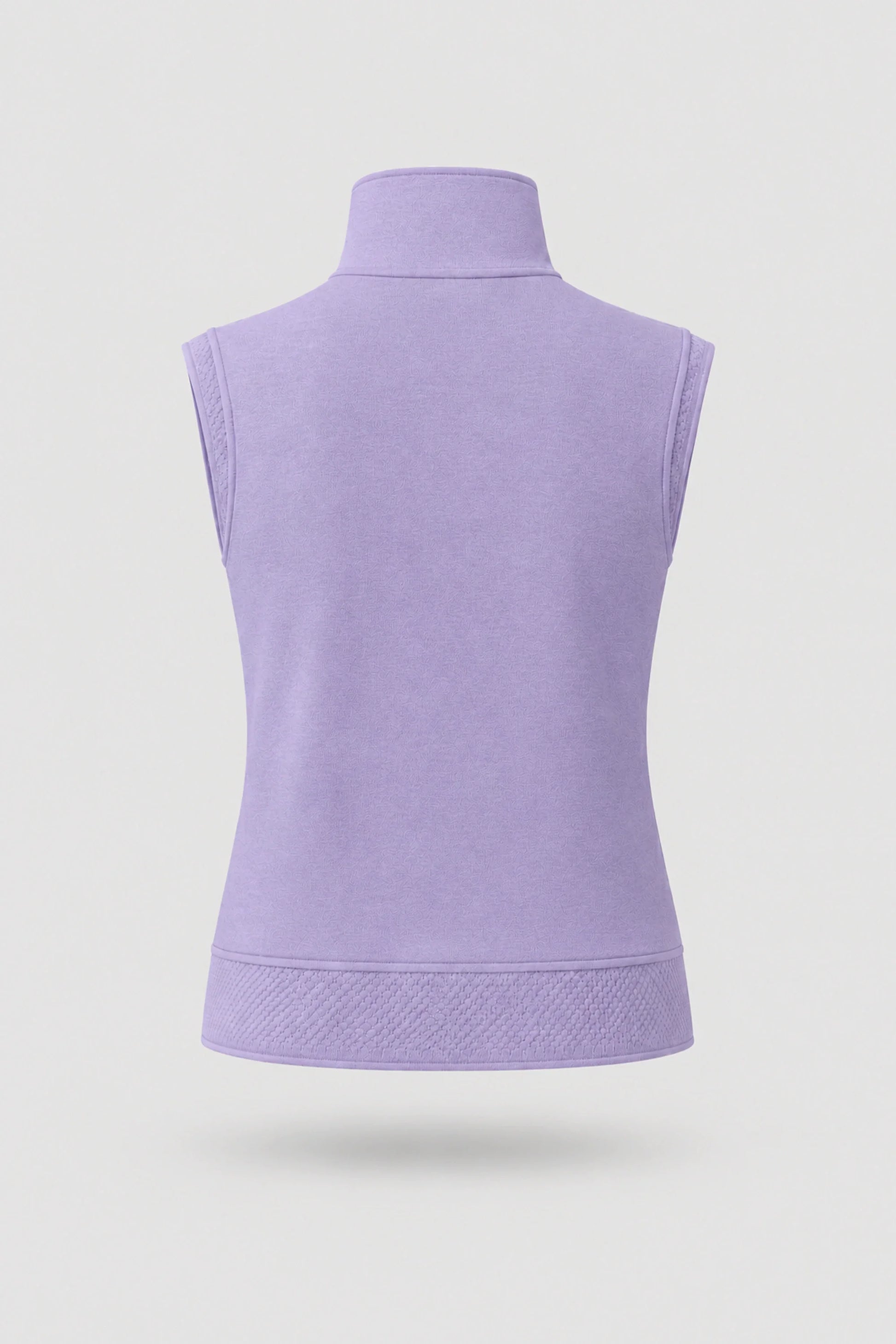 Back view of women's Lavender mock neck polo top with soft knit fabric and relaxed layering silhouette