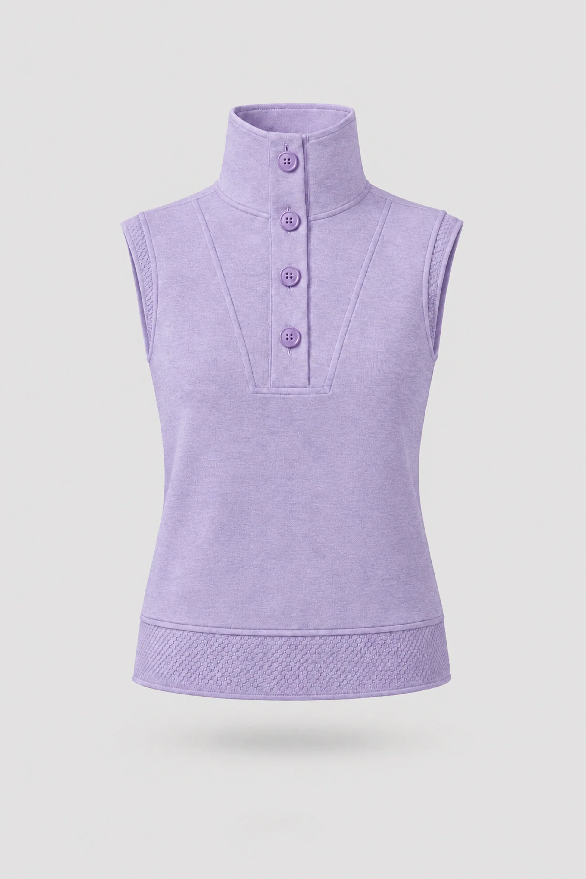 Women's Lavender mock neck polo top with button-front detail and textured knit hem
