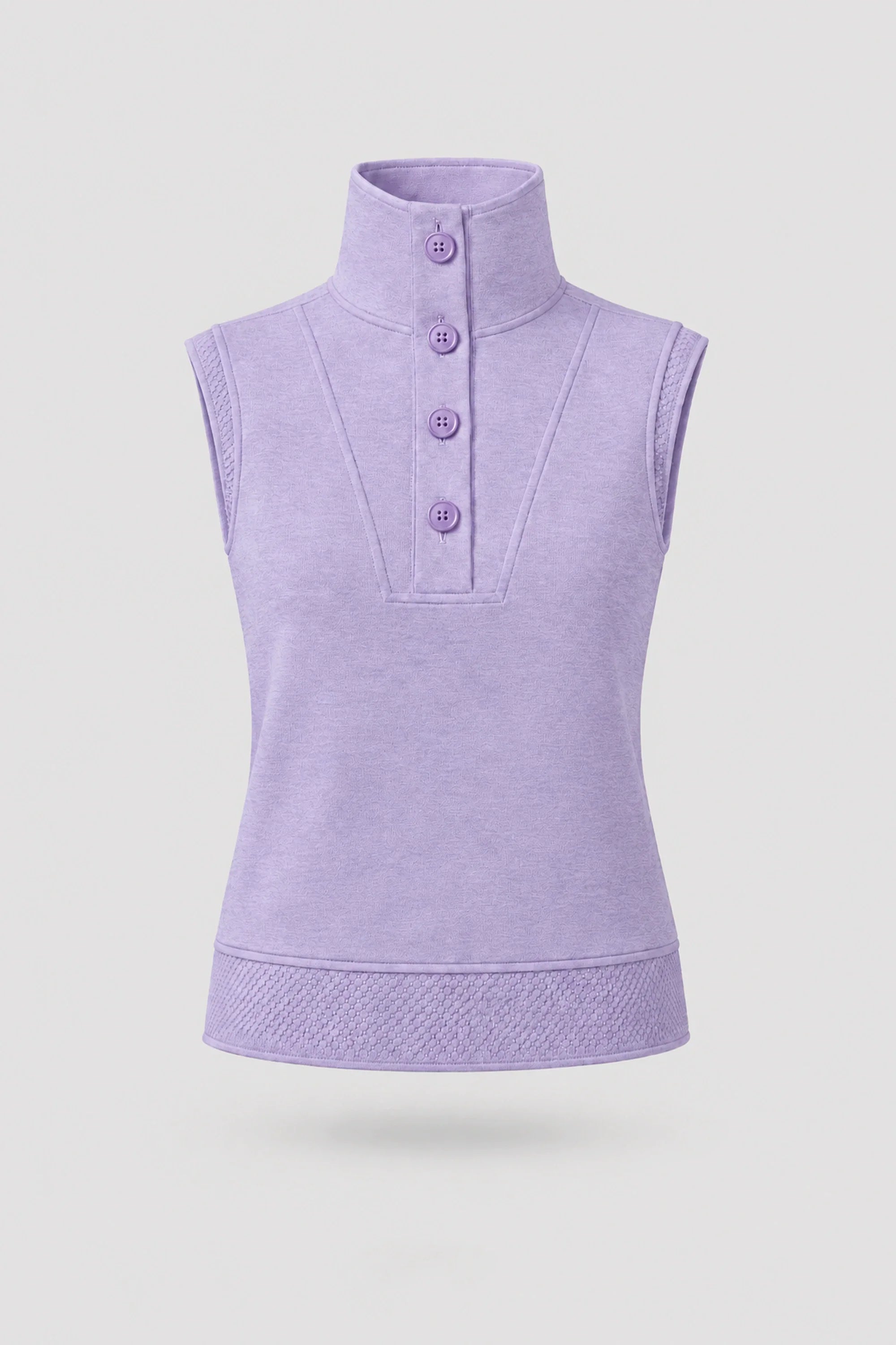 Women's Lavender mock neck polo top with button-front detail and textured knit hem