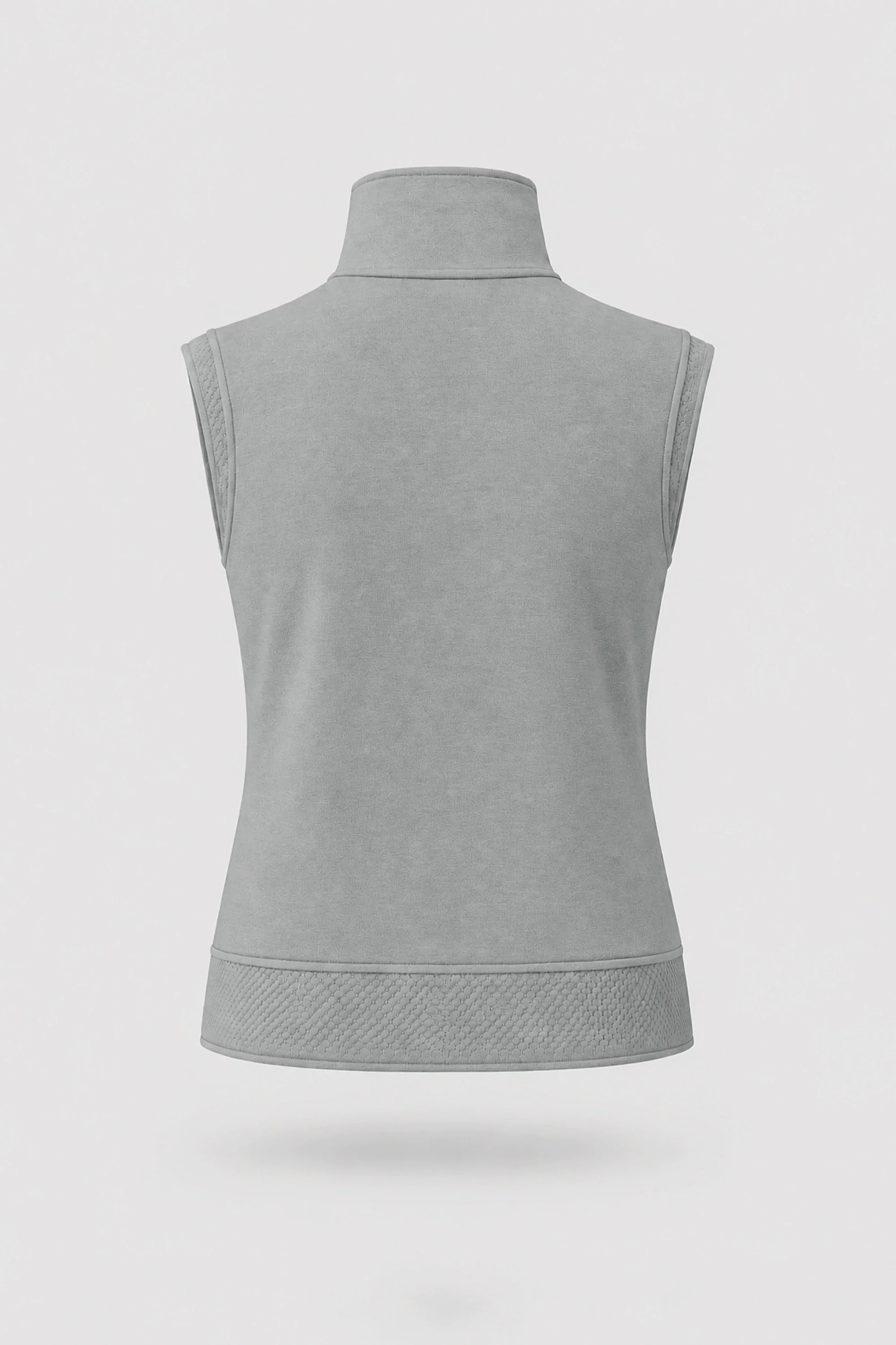 Back view of women's Sage Grey mock neck polo top with soft knit fabric and relaxed layering silhouette