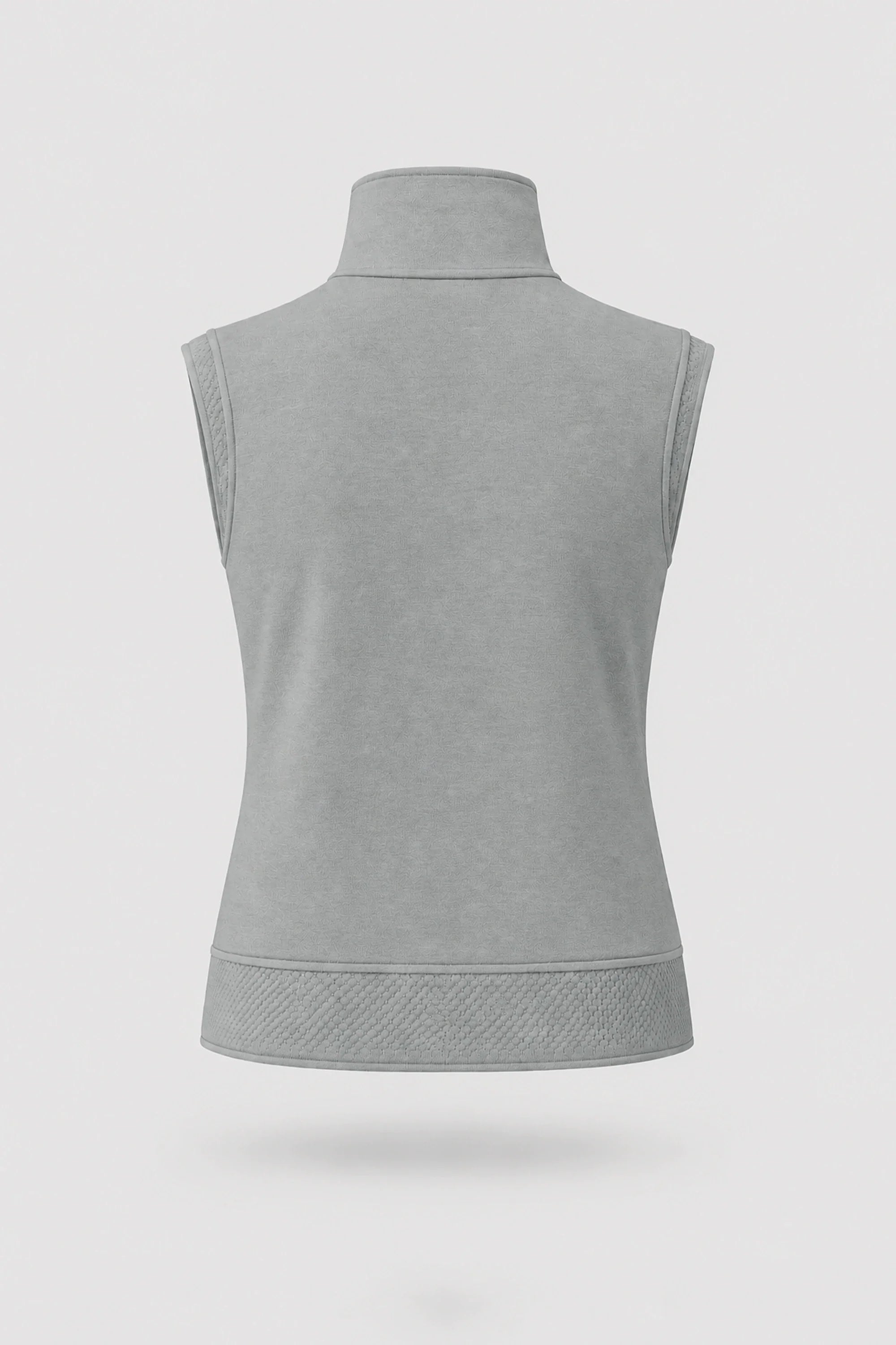 Back view of women's Sage Grey mock neck polo top with soft knit fabric and relaxed layering silhouette