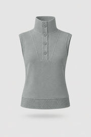 Women's Sage Grey mock neck polo top with button-front detail and textured knit hem