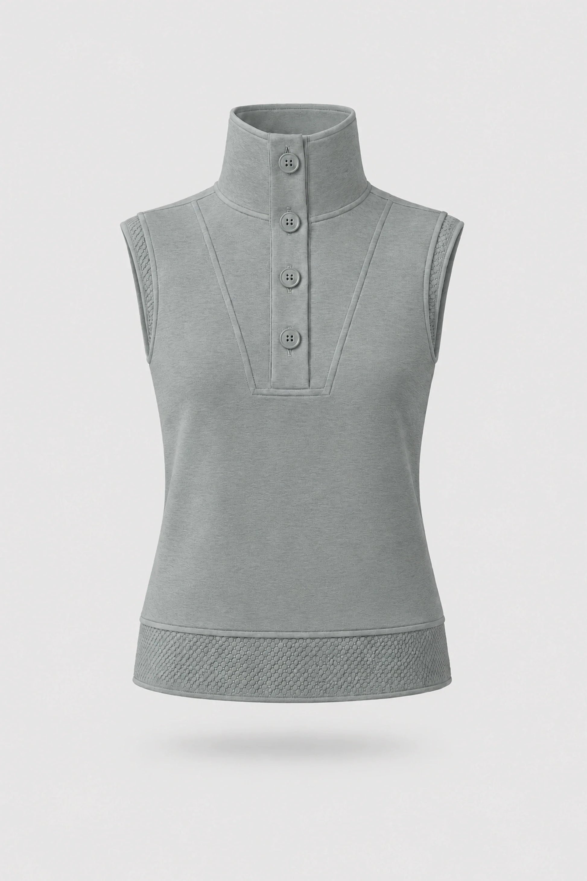 Women's Sage Grey mock neck polo top with button-front detail and textured knit hem