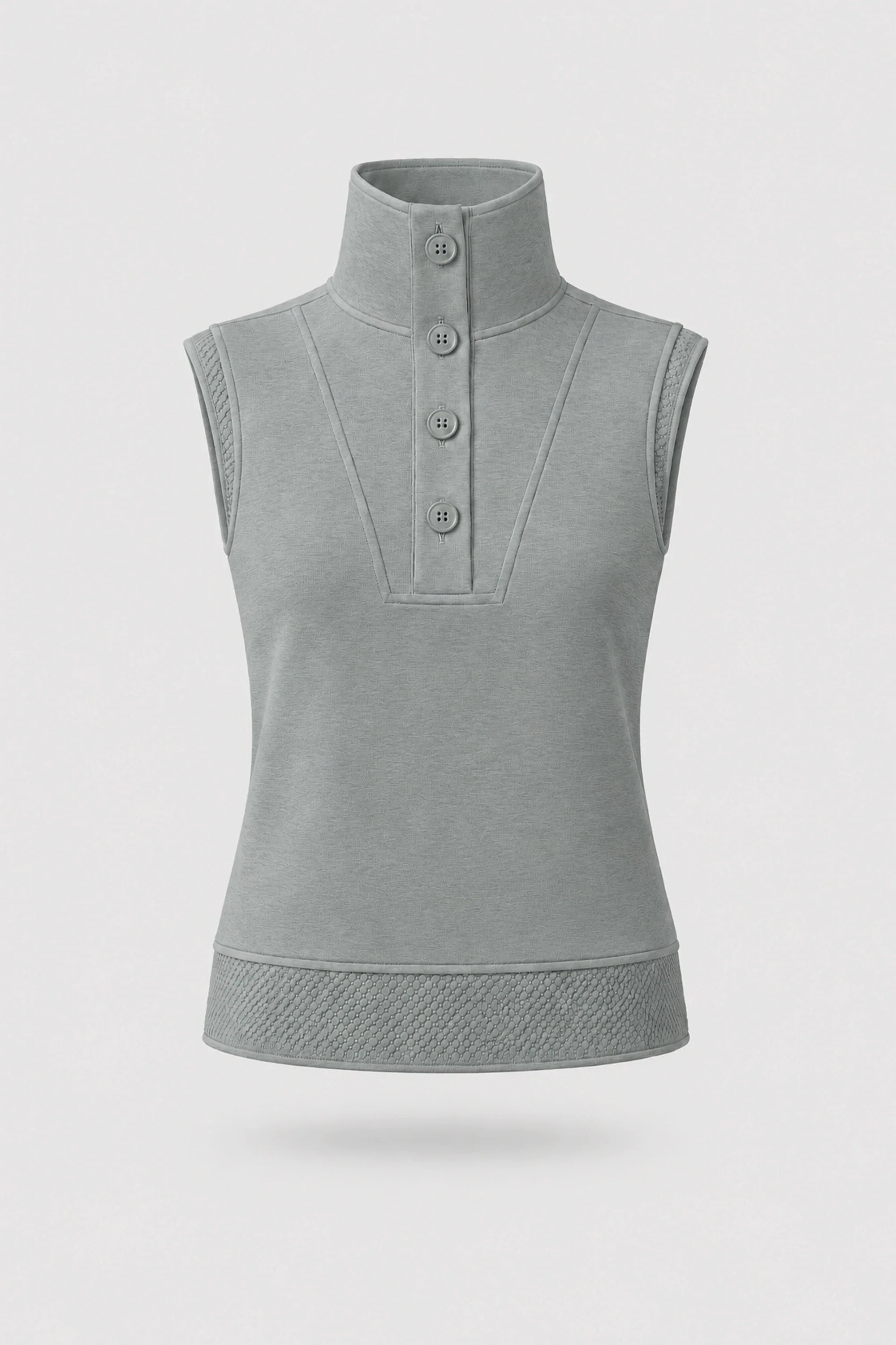 Women's Sage Grey mock neck polo top with button-front detail and textured knit hem