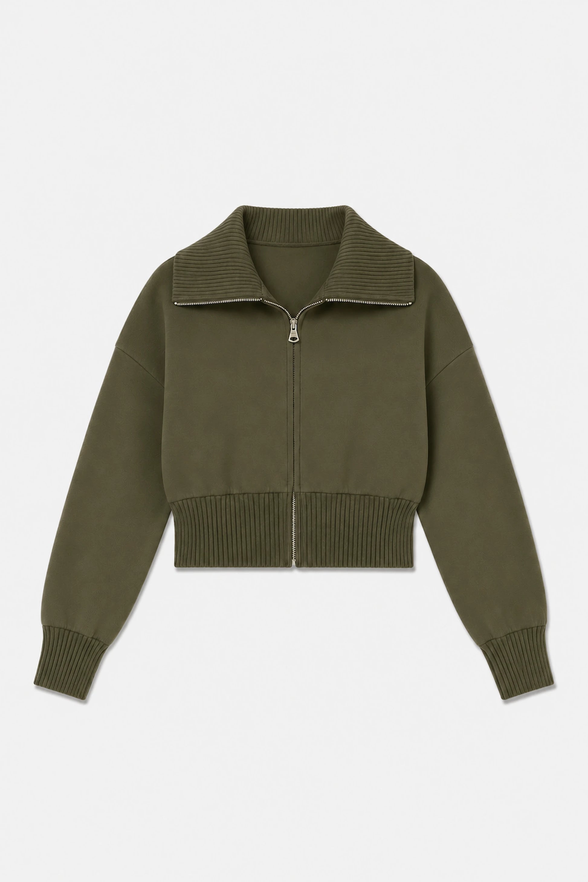 Front flat lay of women’s olive taupe cropped knit zip jacket with ribbed collar
