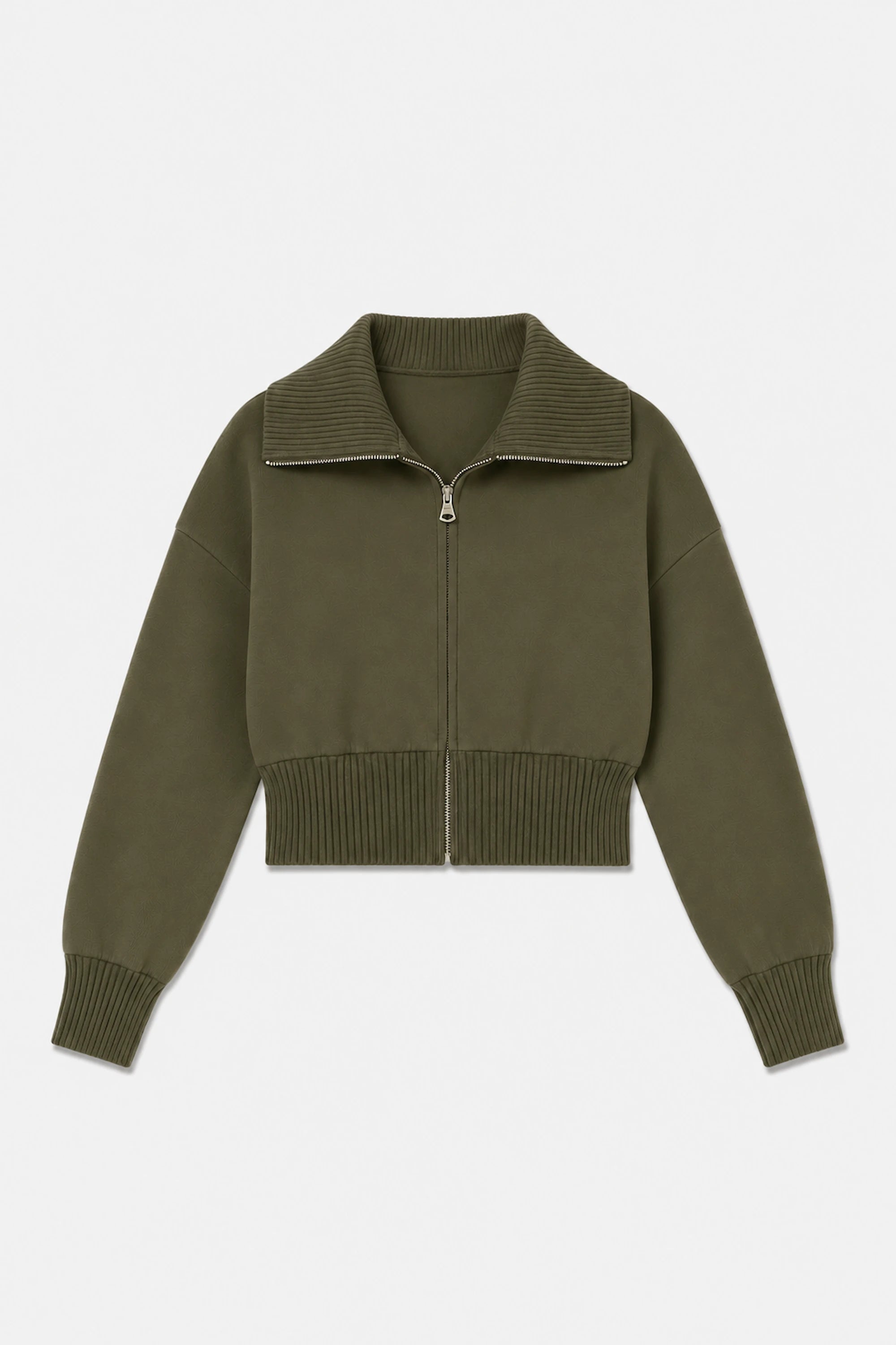Front flat lay of women’s olive taupe cropped knit zip jacket with ribbed collar