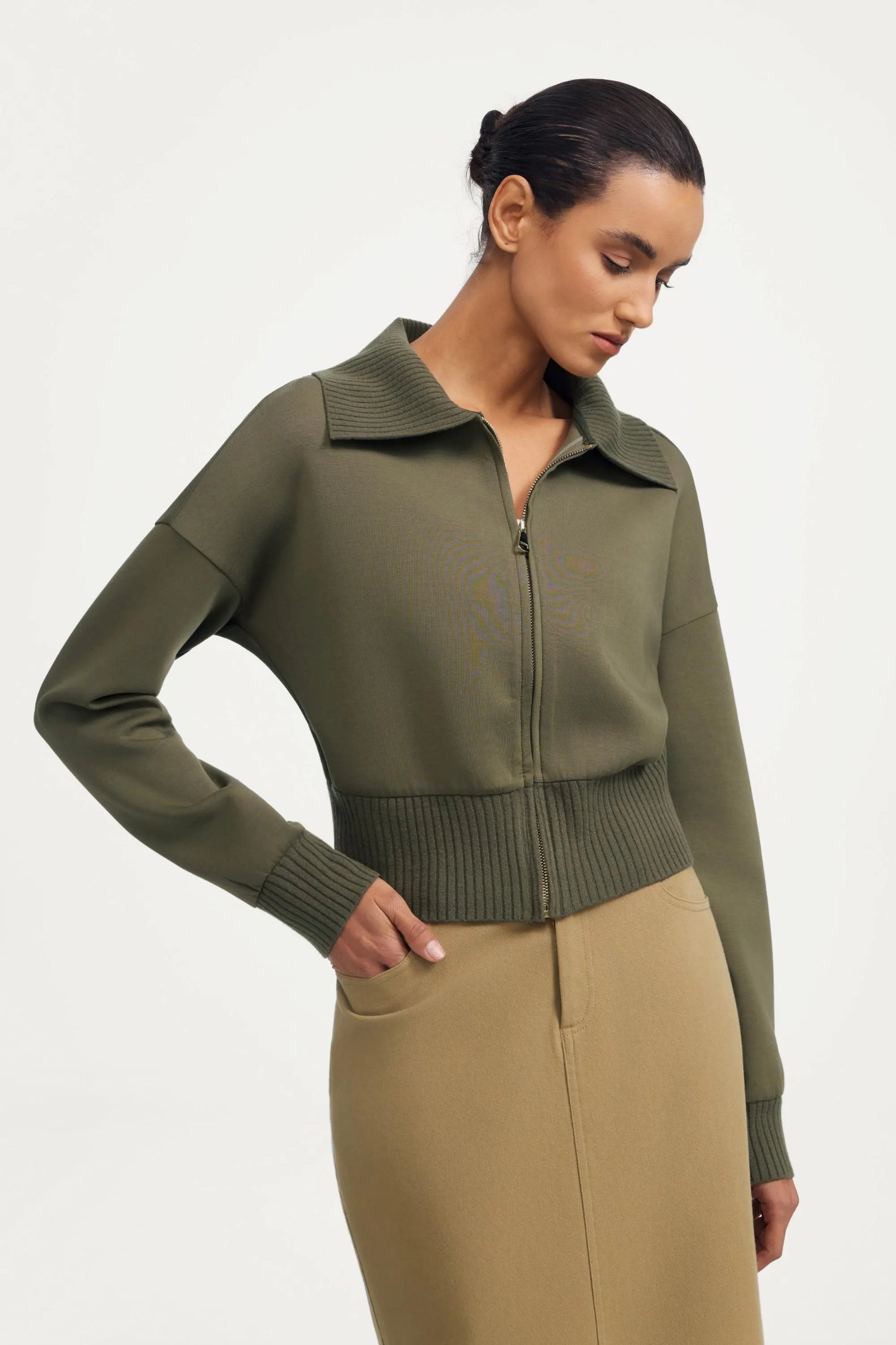 Women’s olive taupe cropped knit zip jacket with ribbed waistband and zip front