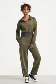 Women’s olive taupe cropped knit zip jacket styled with relaxed wide-leg pants