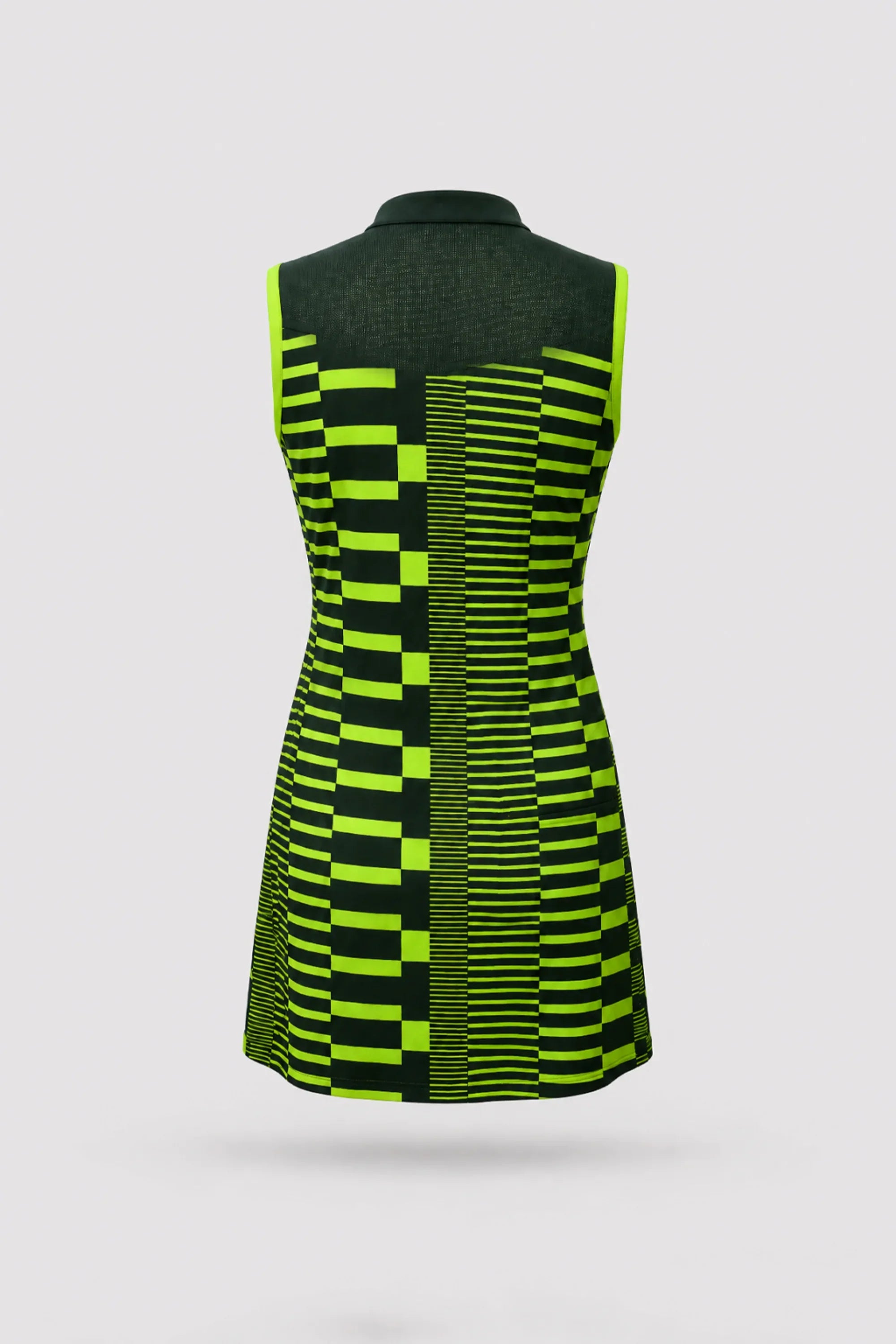 Back view of women's patterned golf dress featuring Circuit Stripe design and lightweight stretch performance fabric