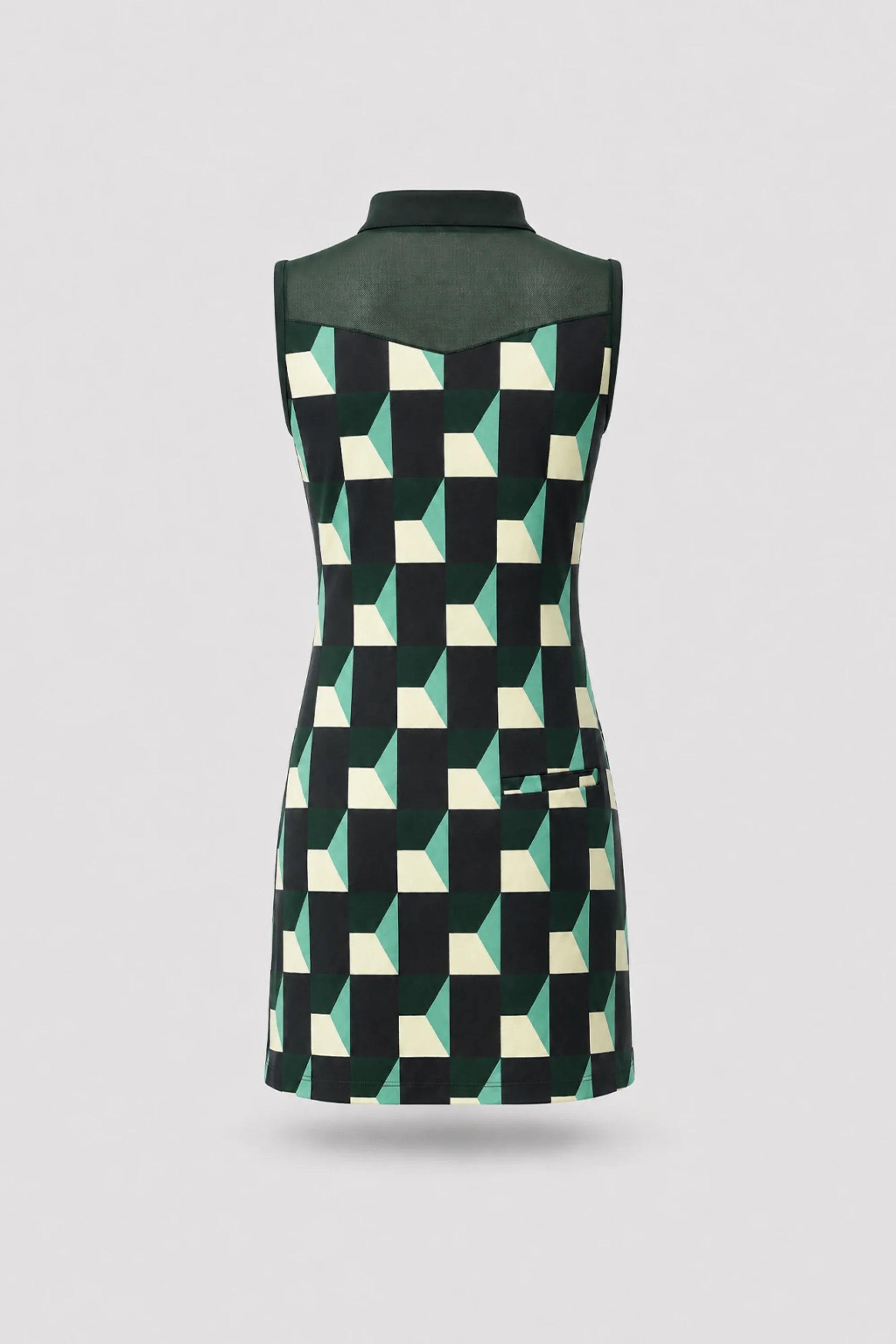Back view of women's patterned golf dress featuring Club Geo design and lightweight stretch performance fabric