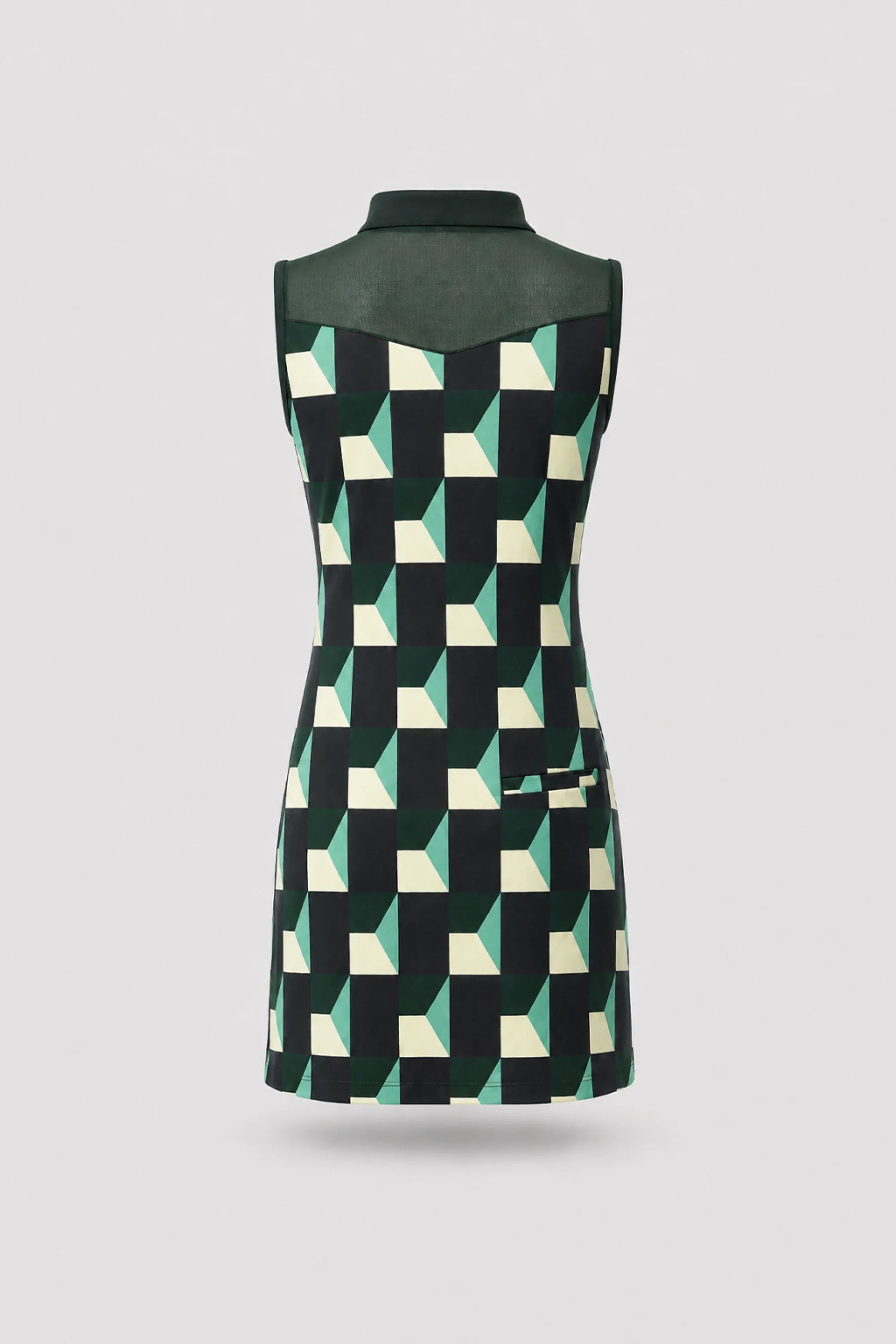 Back view of women's patterned golf dress featuring Club Geo design and lightweight stretch performance fabric