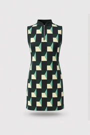 Women's patterned sleeveless golf dress in Club Geo design with streamlined athletic silhouette