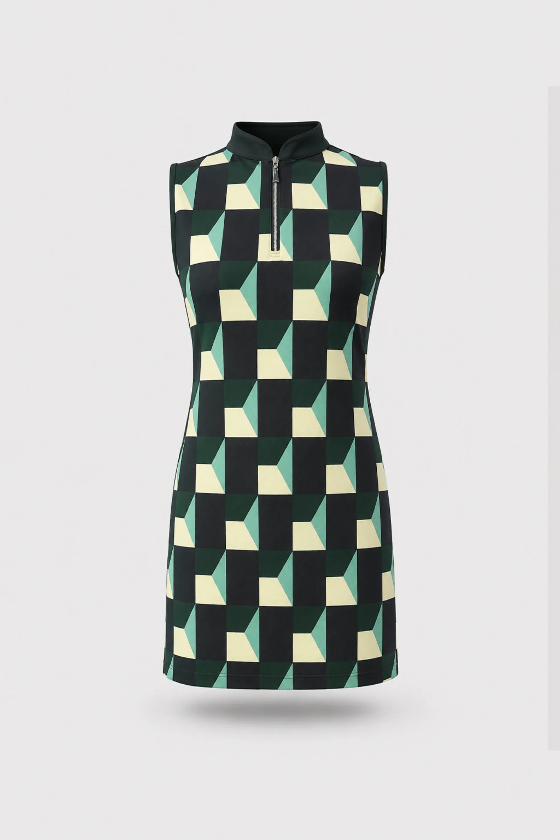Women's patterned sleeveless golf dress in Club Geo design with streamlined athletic silhouette
