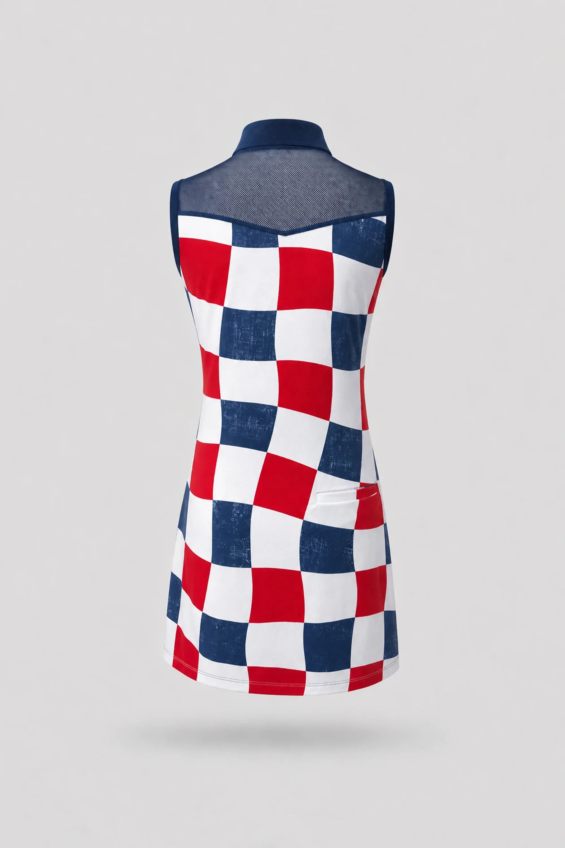 Back view of women's patterned golf dress featuring Liberty Check print and lightweight stretch performance fabric