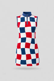 Women's patterned sleeveless golf dress in Liberty Check print with streamlined athletic silhouette