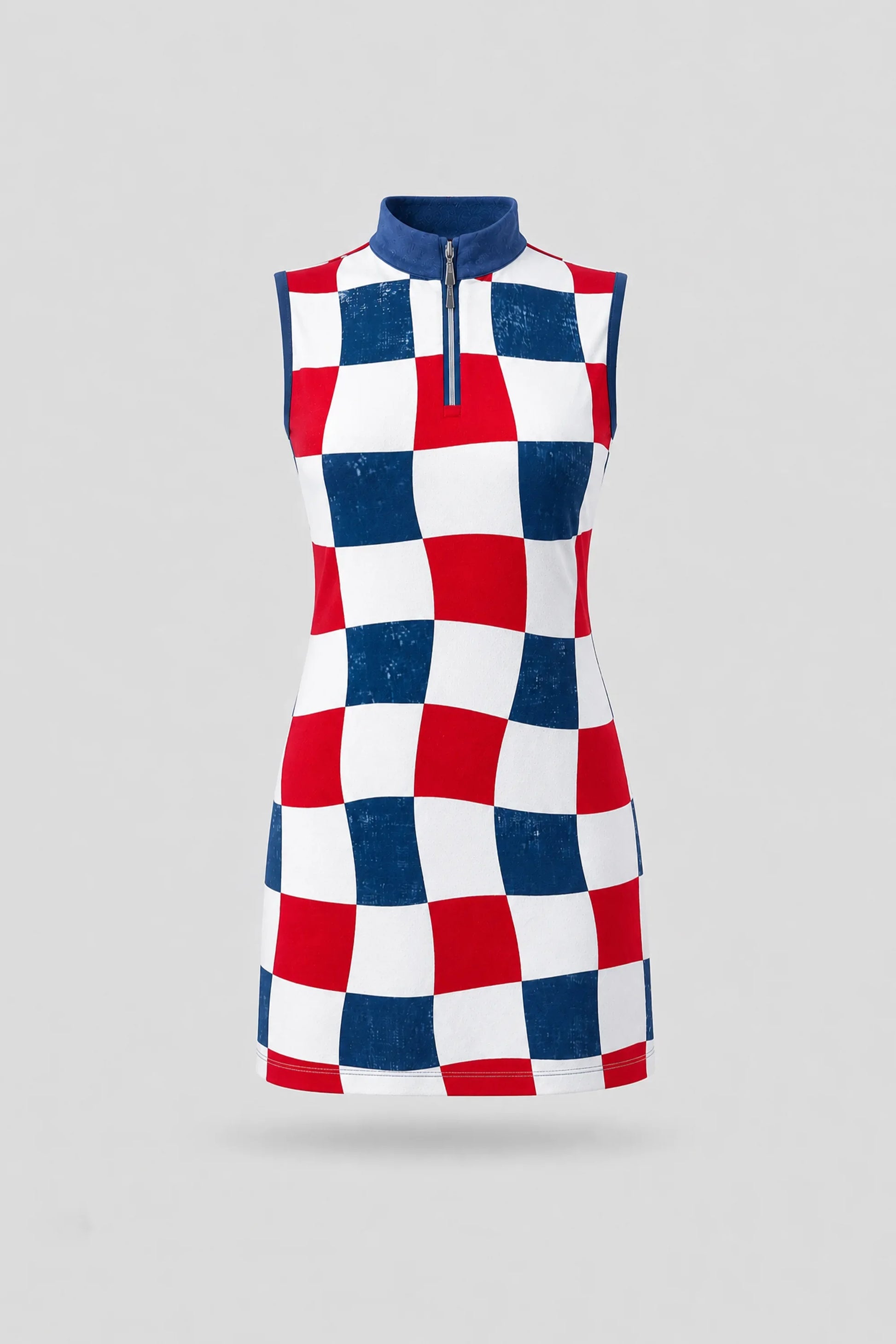 Women's patterned sleeveless golf dress in Liberty Check print with streamlined athletic silhouette