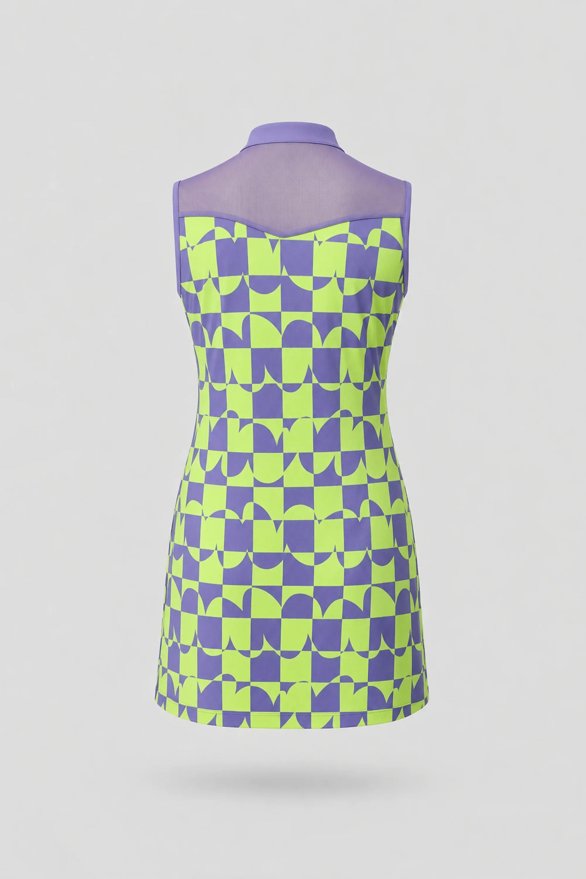Back view of women's patterned sleeveless golf dress featuring Paradox Geo design and stretch performance fabric