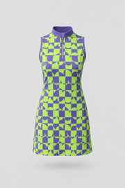 Women's patterned sleeveless golf dress in Paradox Geo design with athletic silhouette and geometric print