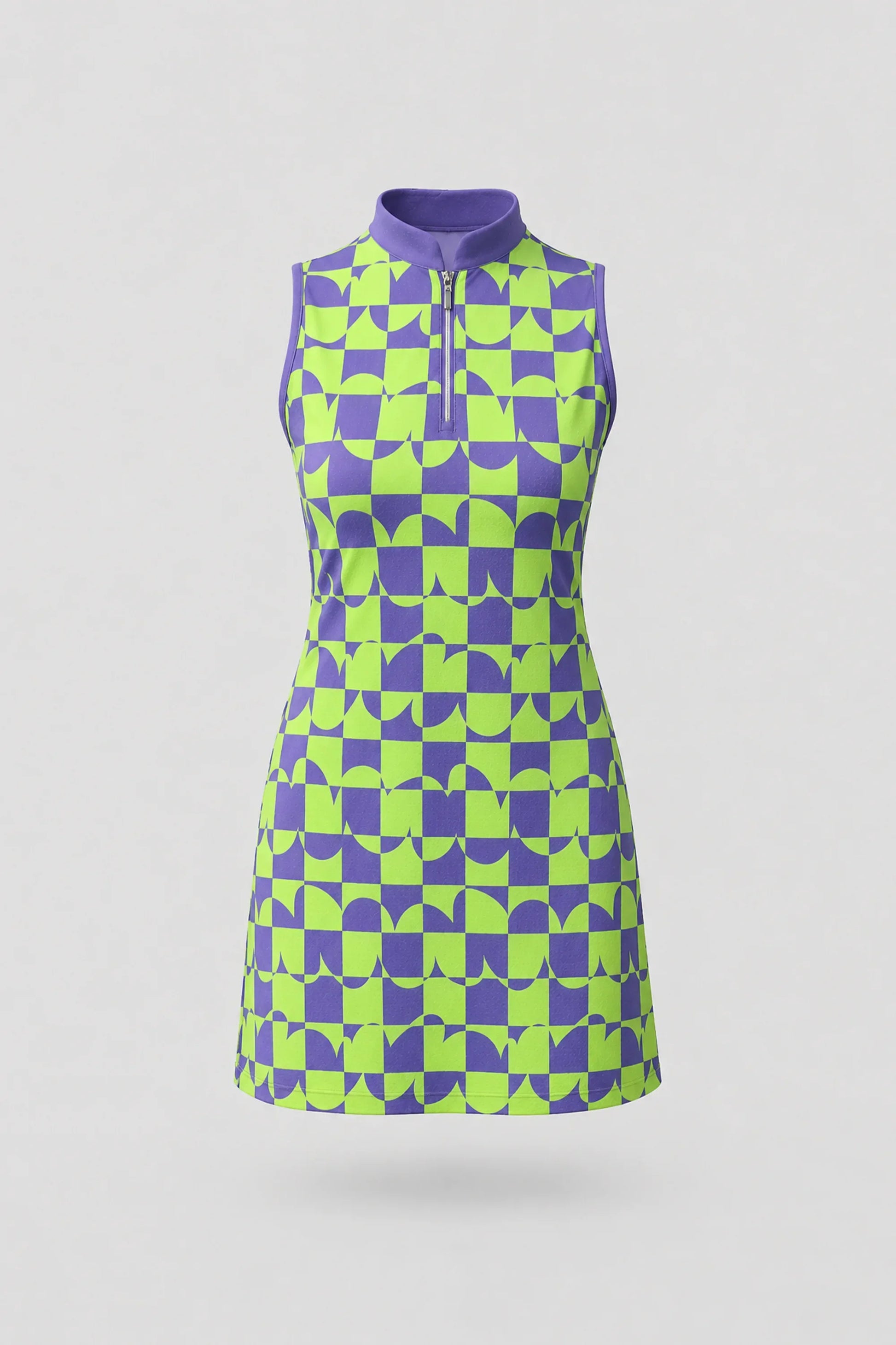 Women's patterned sleeveless golf dress in Paradox Geo design with athletic silhouette and geometric print