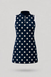 Women's patterned sleeveless golf dress in Starfield print with streamlined athletic silhouette