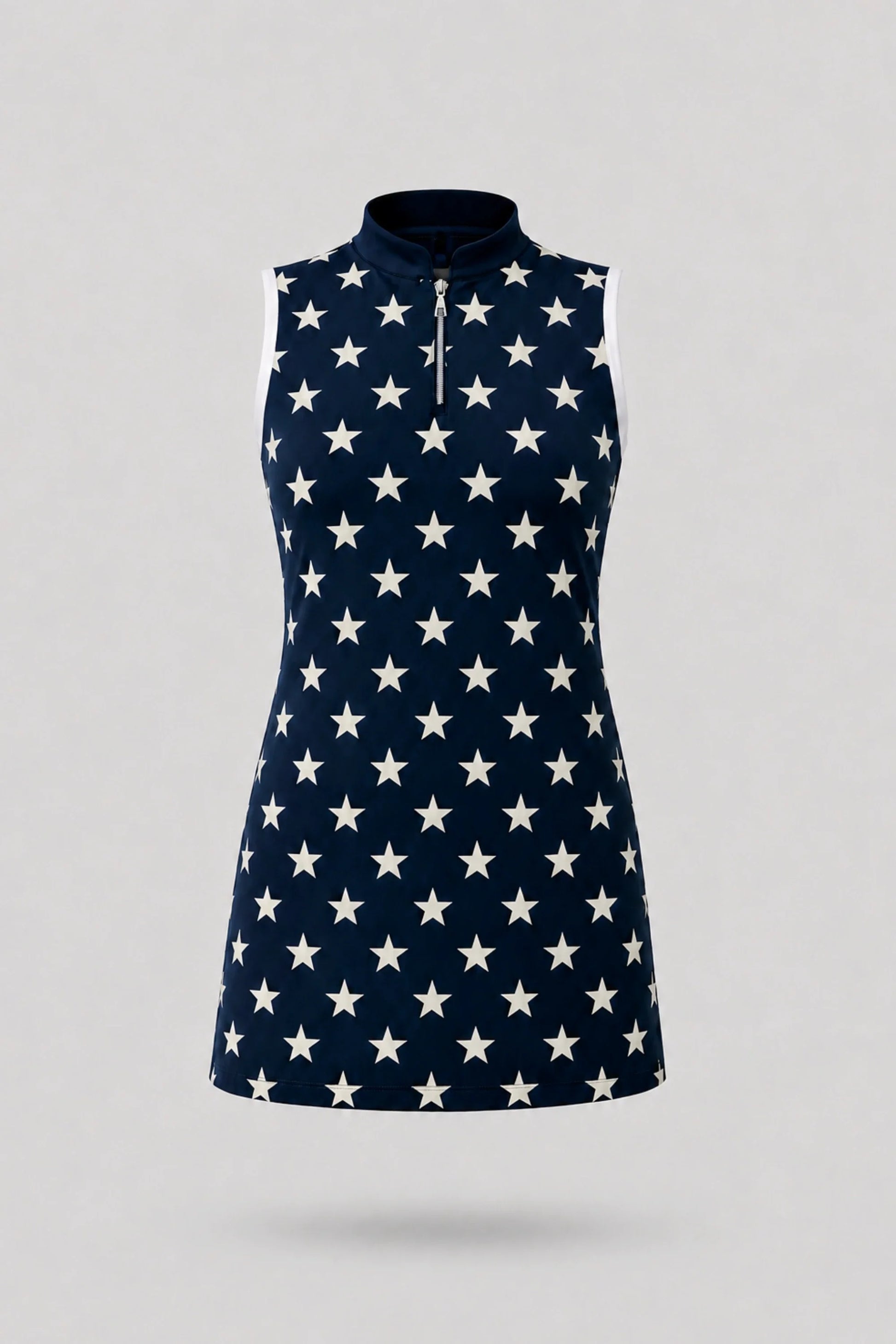 Women's patterned sleeveless golf dress in Starfield print with streamlined athletic silhouette